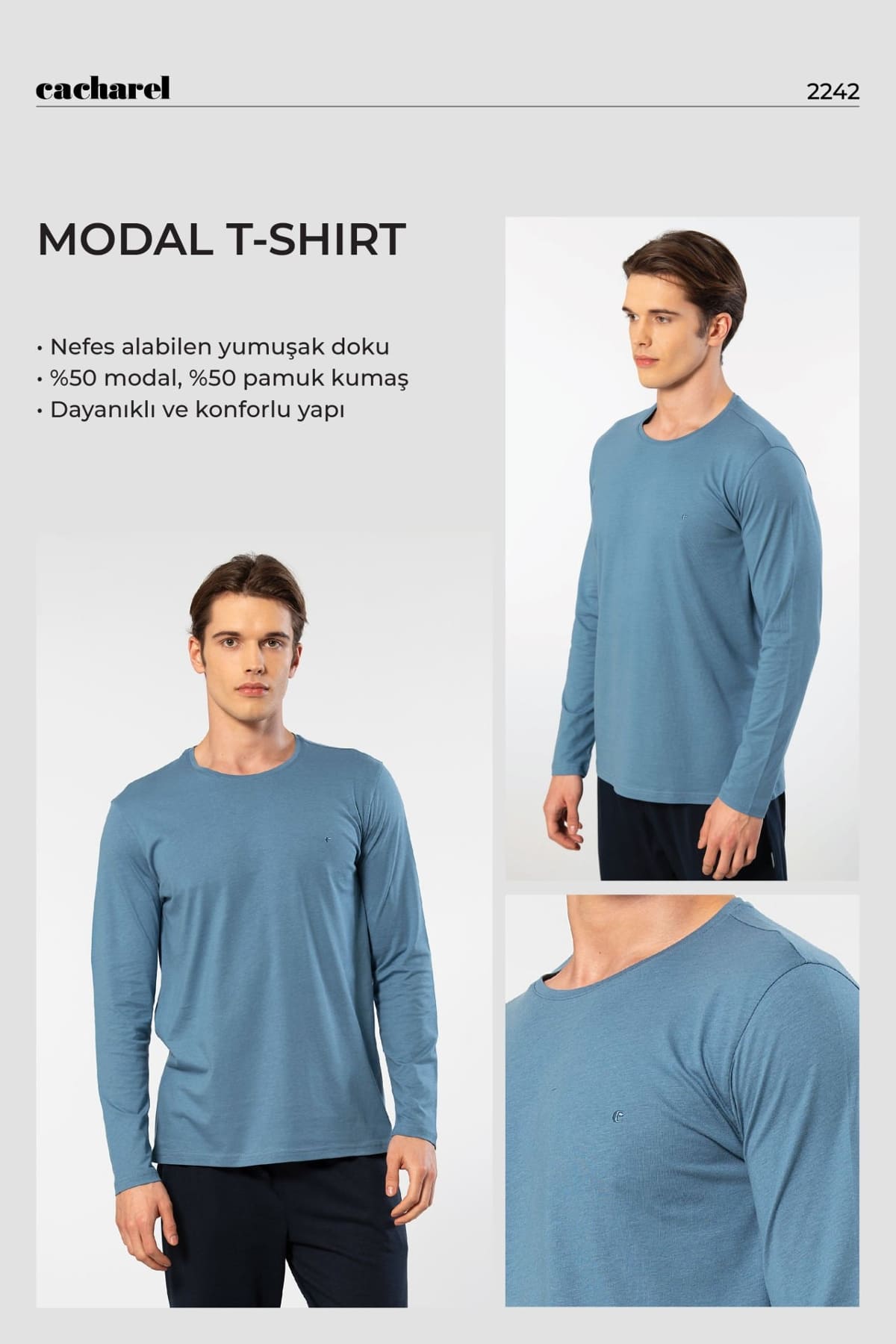 Uzun Kollu Bisiklet Yaka Modal Pamuklu T-shirt Cacharel 2242 - İndigo