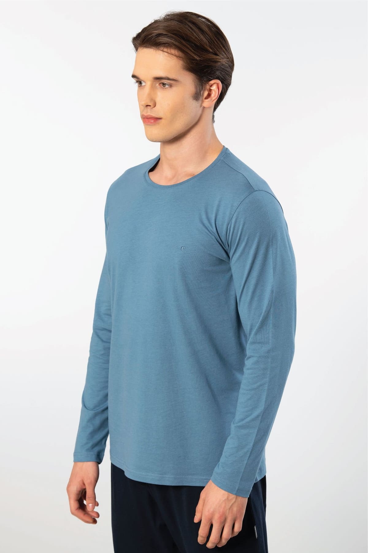 Uzun Kollu Bisiklet Yaka Modal Pamuklu T-shirt Cacharel 2242 - İndigo