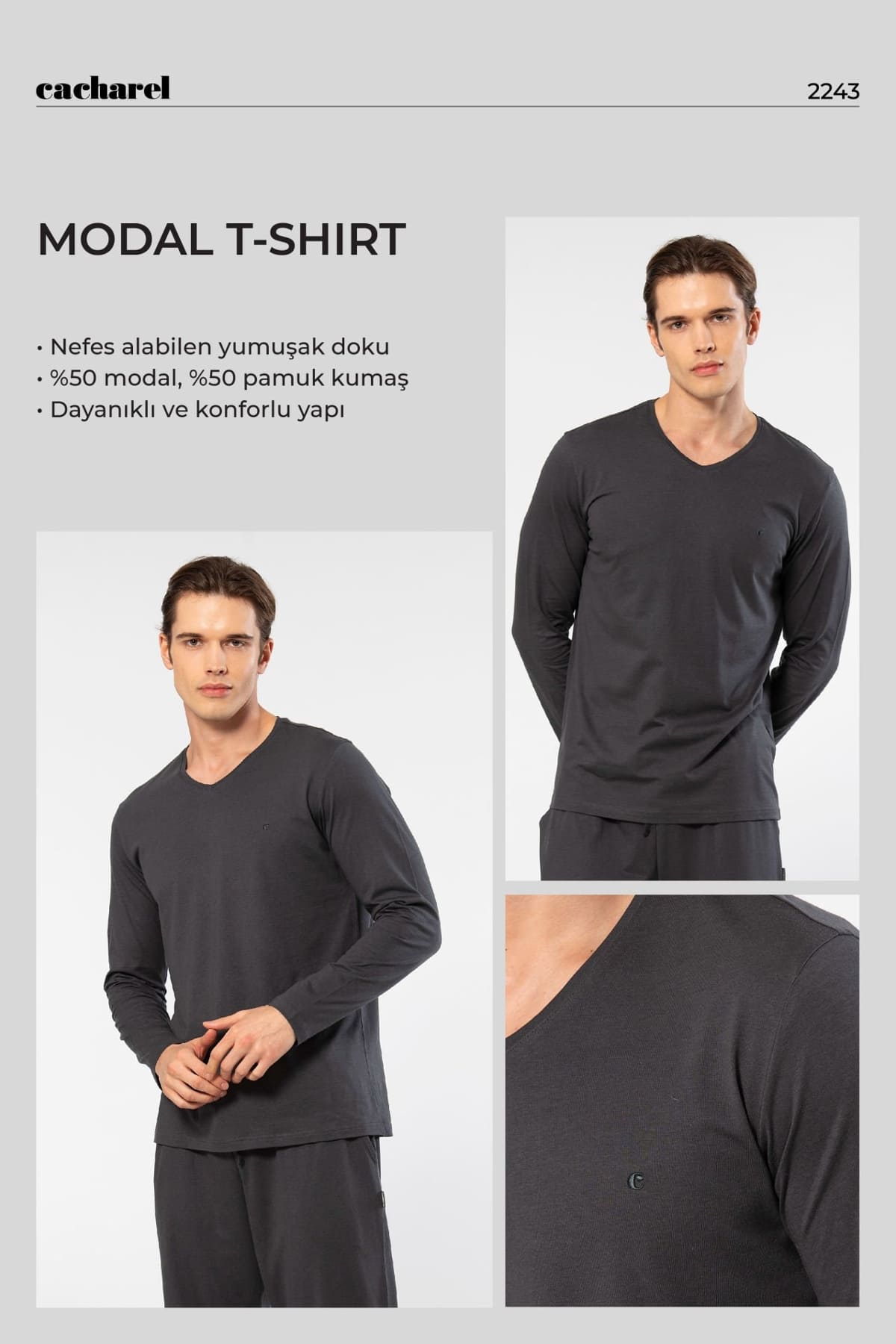 Modal Pamuk V Yaka Kısa Kol Erkek T-shirt Cacharel 2243 - Antrasit