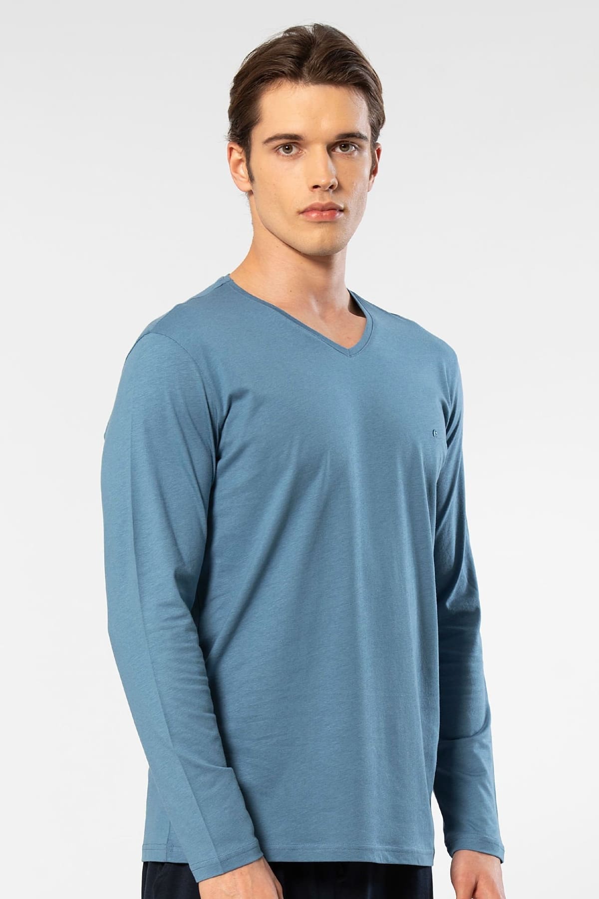 Pamuklu Modal V Yaka Uzun Kollu T-shirt Cacharel 2243 - İndigo