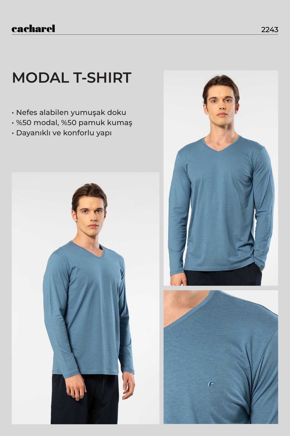 Pamuklu Modal V Yaka Uzun Kollu T-shirt Cacharel 2243 - İndigo