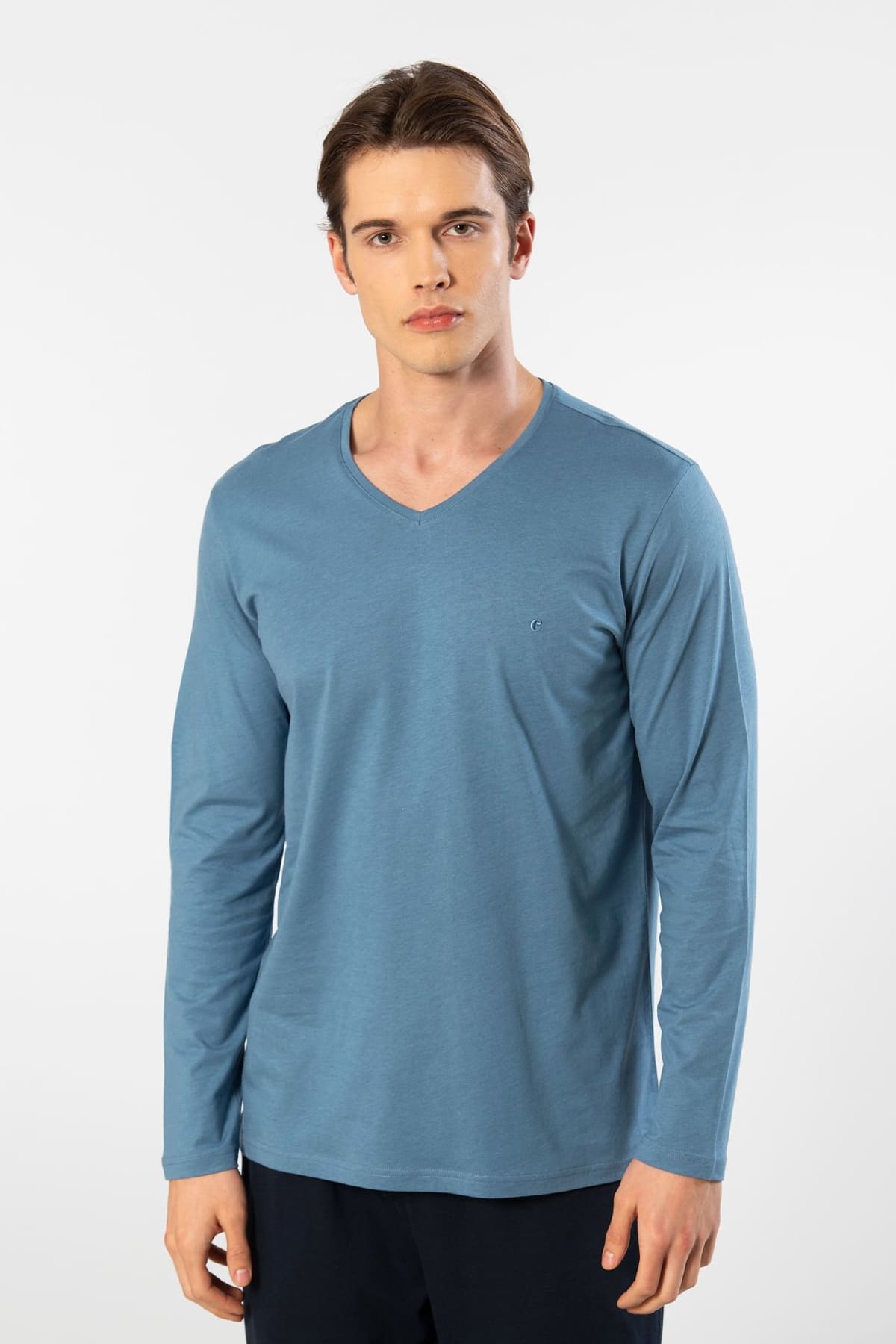 Pamuklu Modal V Yaka Uzun Kollu T-shirt Cacharel 2243 - İndigo