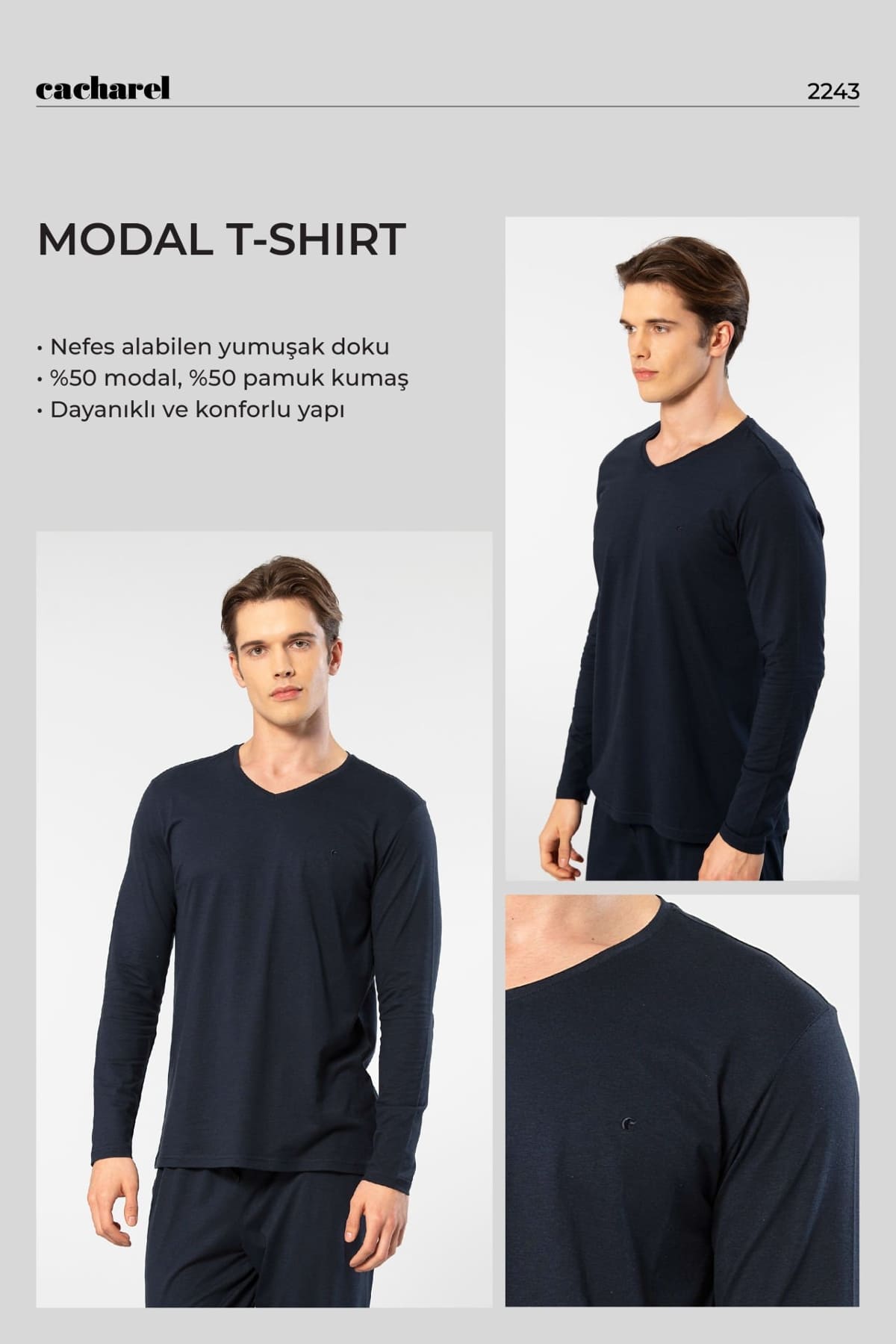 V Yaka Uzun Kollu Pamuklu Modal Erkek T-shirt Cacharel 2243 - Lacivert