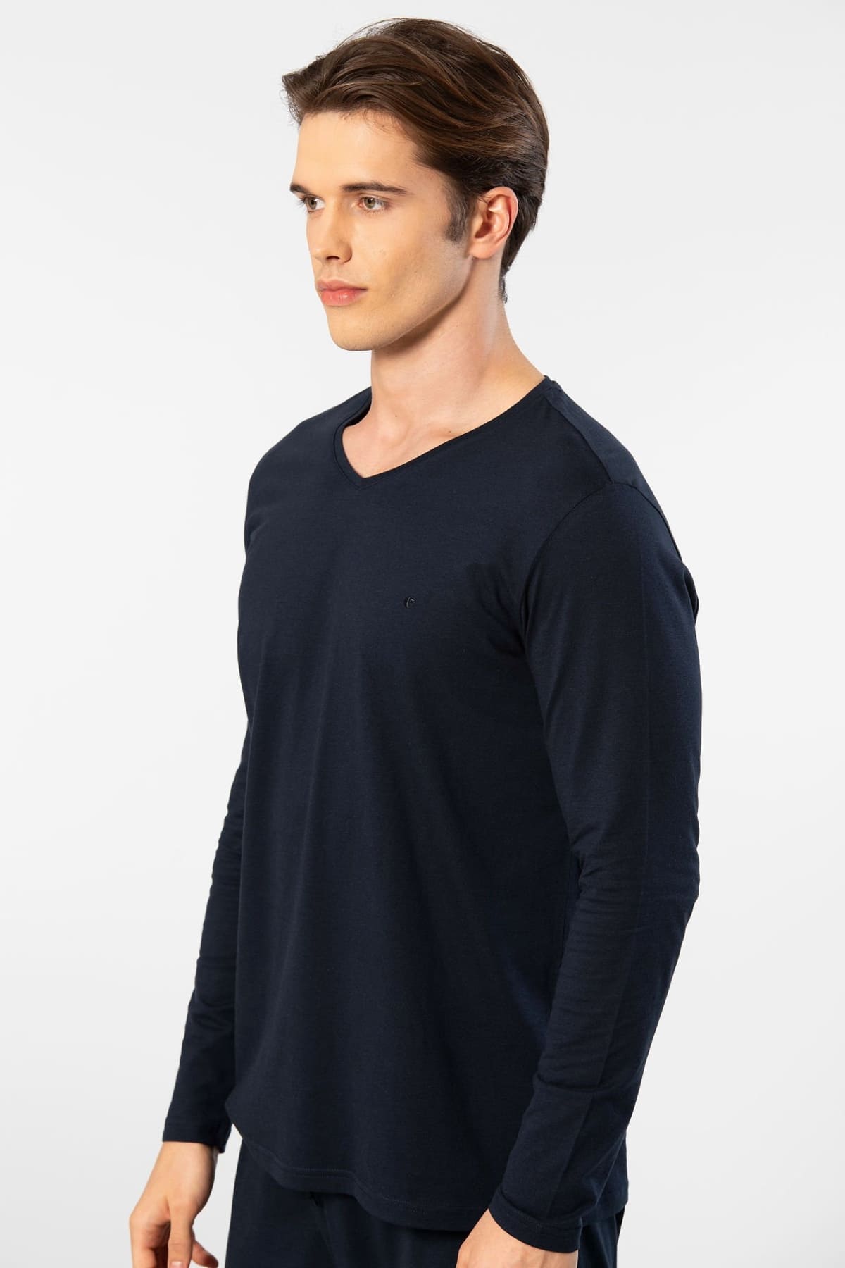 V Yaka Uzun Kollu Pamuklu Modal Erkek T-shirt Cacharel 2243 - Lacivert