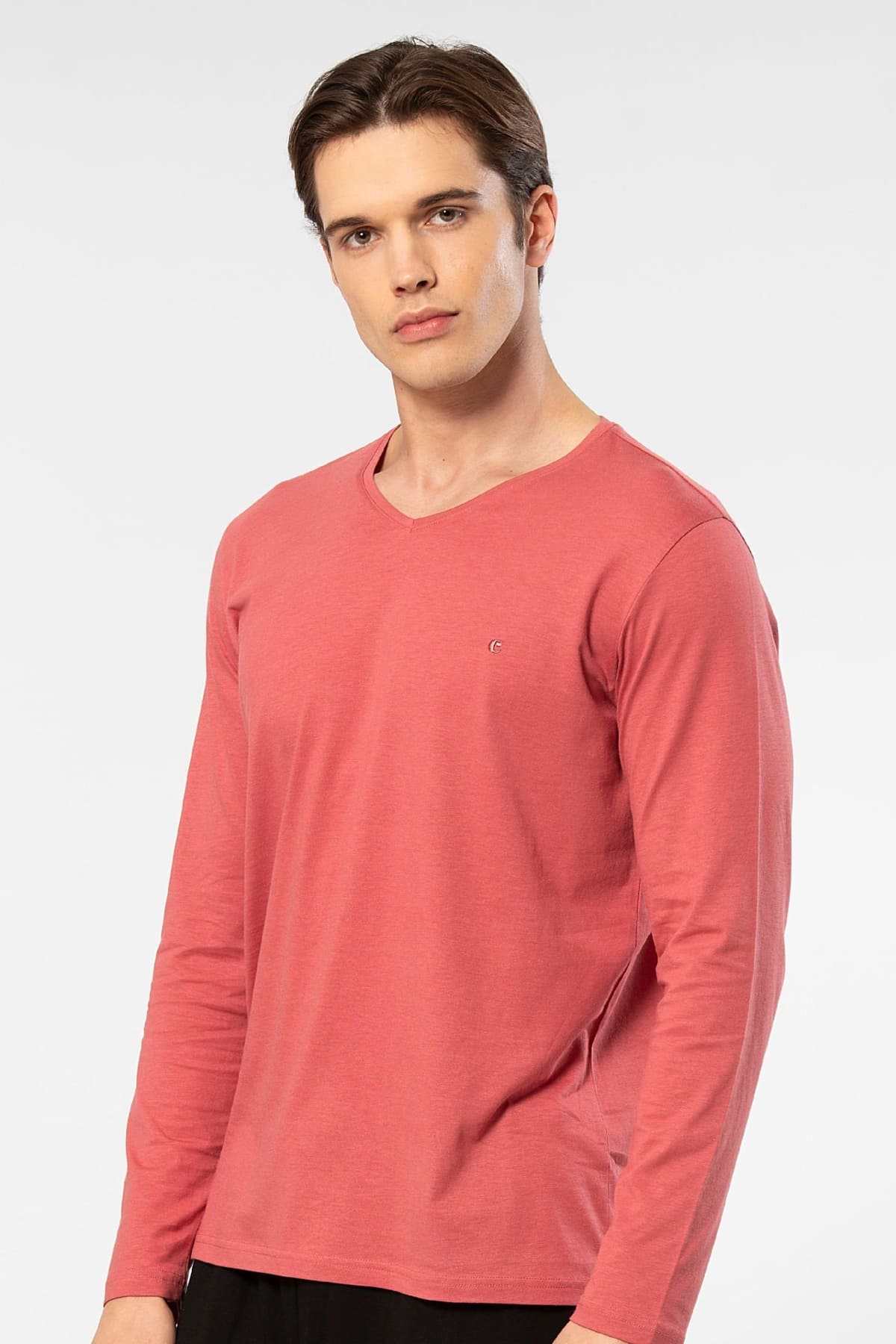 Uzun Kollu V Yaka Modal Pamuk T-shirt Cacharel 2243 - Mercan