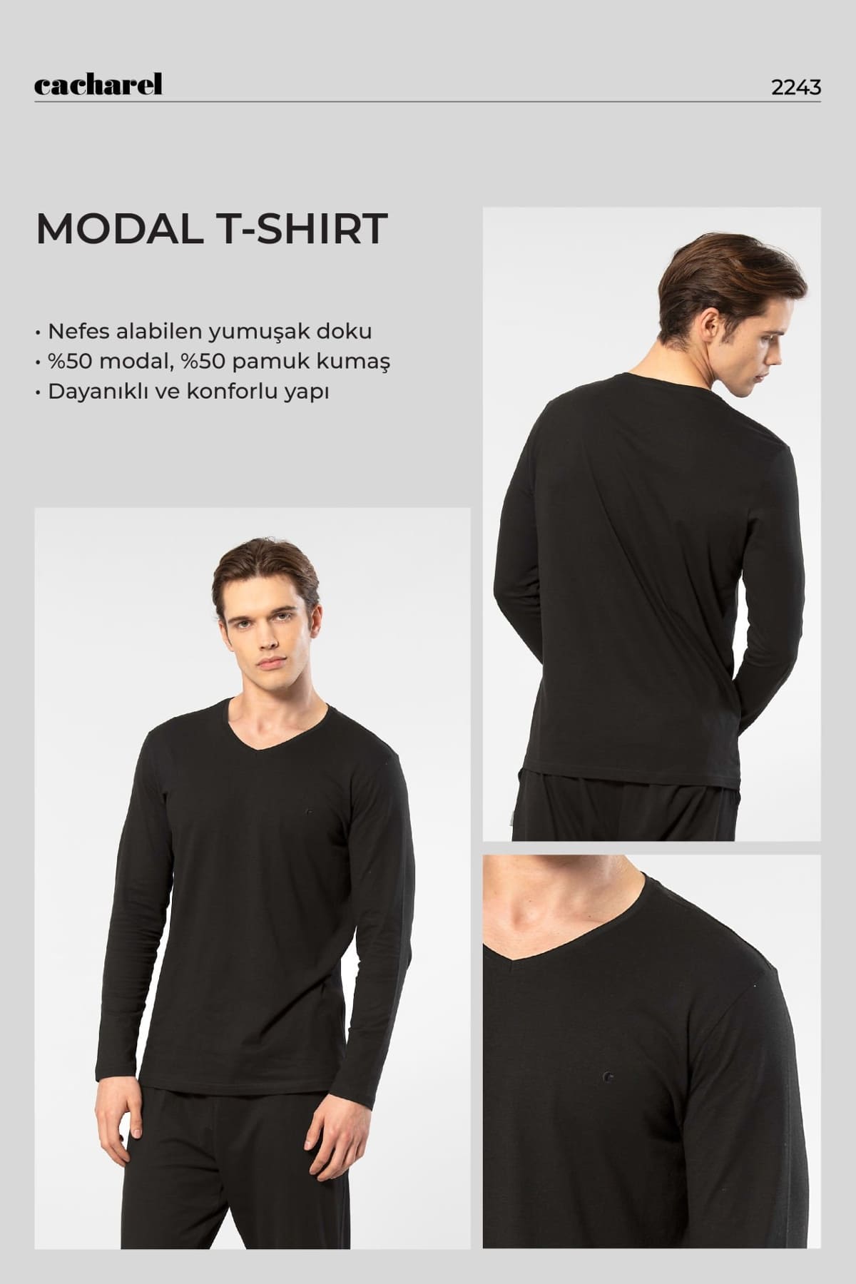 V Yaka Modal Pamuklu Erkek T-shirt Cacharel 2243 - Siyah
