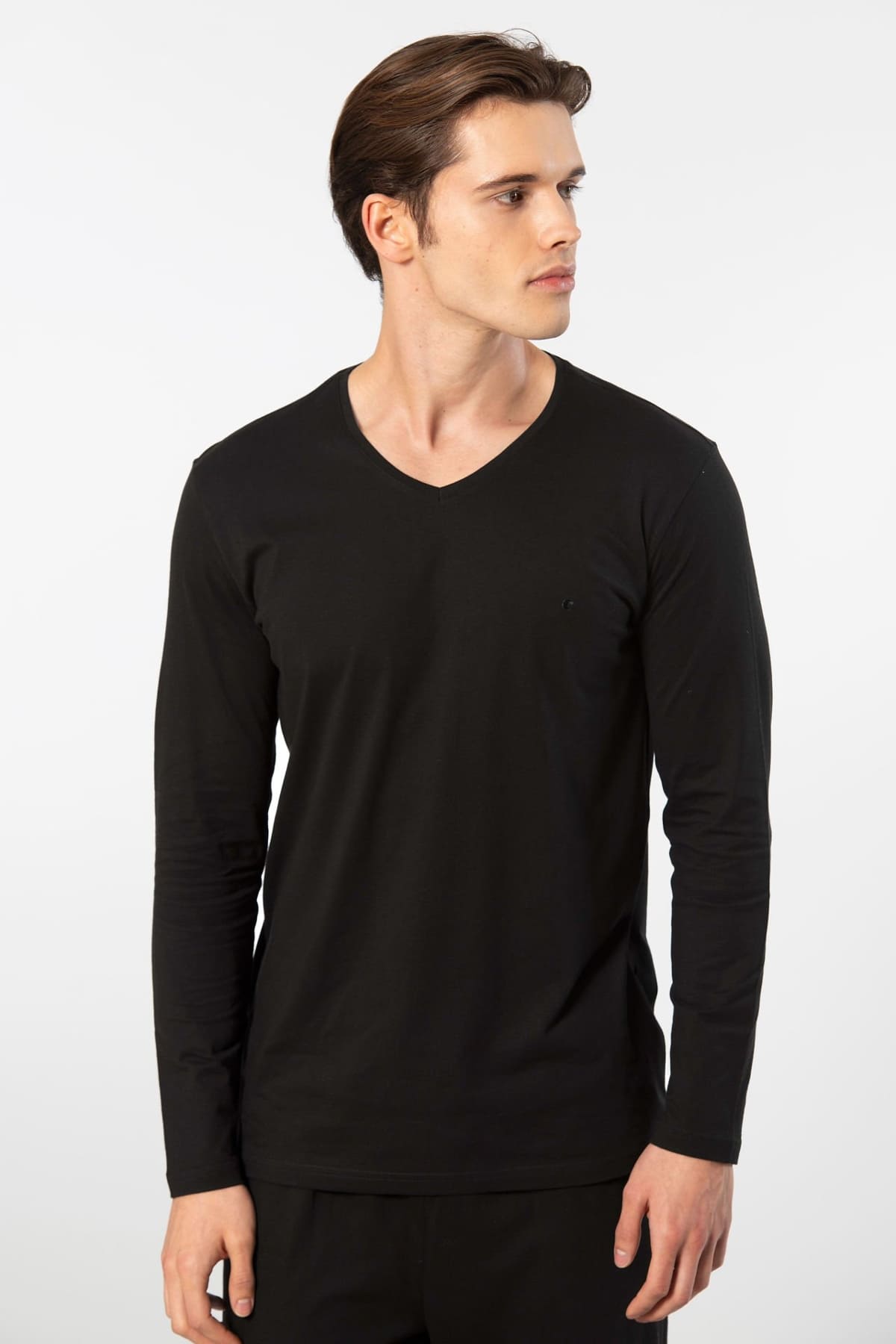 V Yaka Modal Pamuklu Erkek T-shirt Cacharel 2243 - Siyah