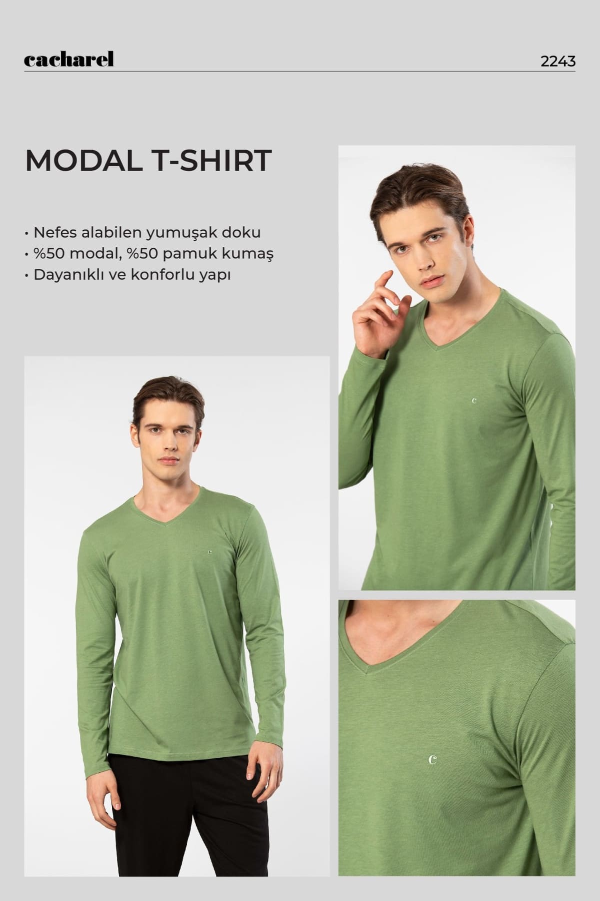 Modal Pamuklu V Yaka Erkek T-shirt Cacharel 2243 - Yeşil