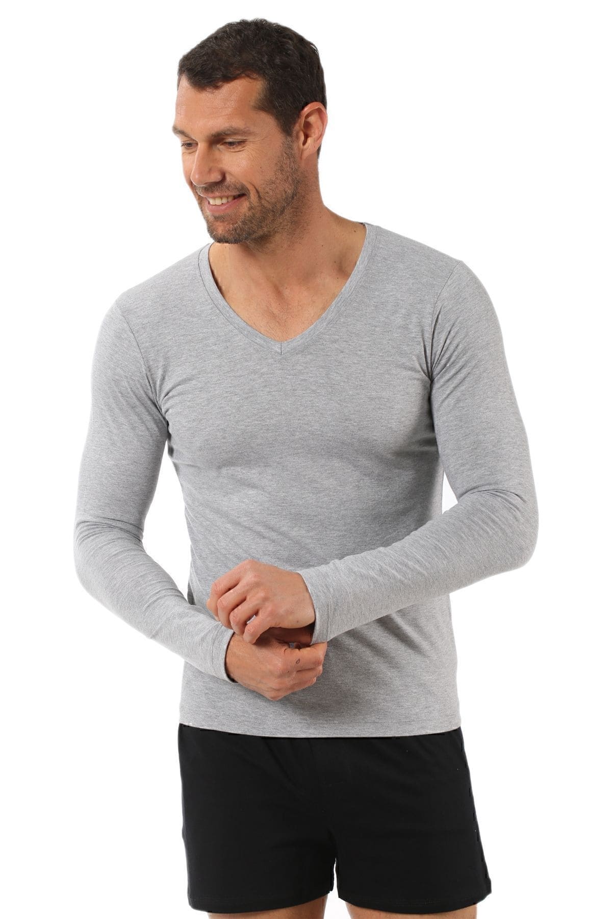 Pamuklu Likralı V Yaka Uzun Kol T-Shirt Özkan 0274 - Gri