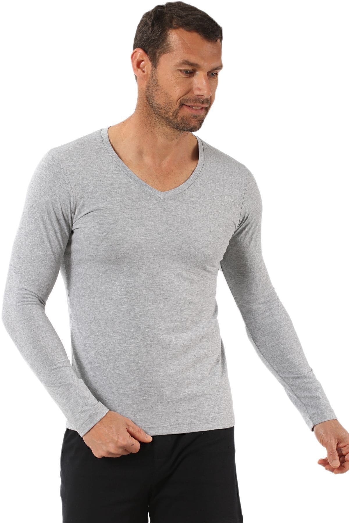 Pamuklu Likralı V Yaka Uzun Kol T-Shirt Özkan 0274 - Gri