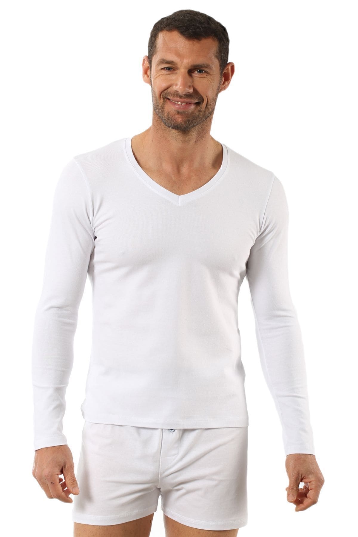 Pamuklu Likralı V Yaka Uzun Kol T-Shirt Özkan 0274 - Beyaz