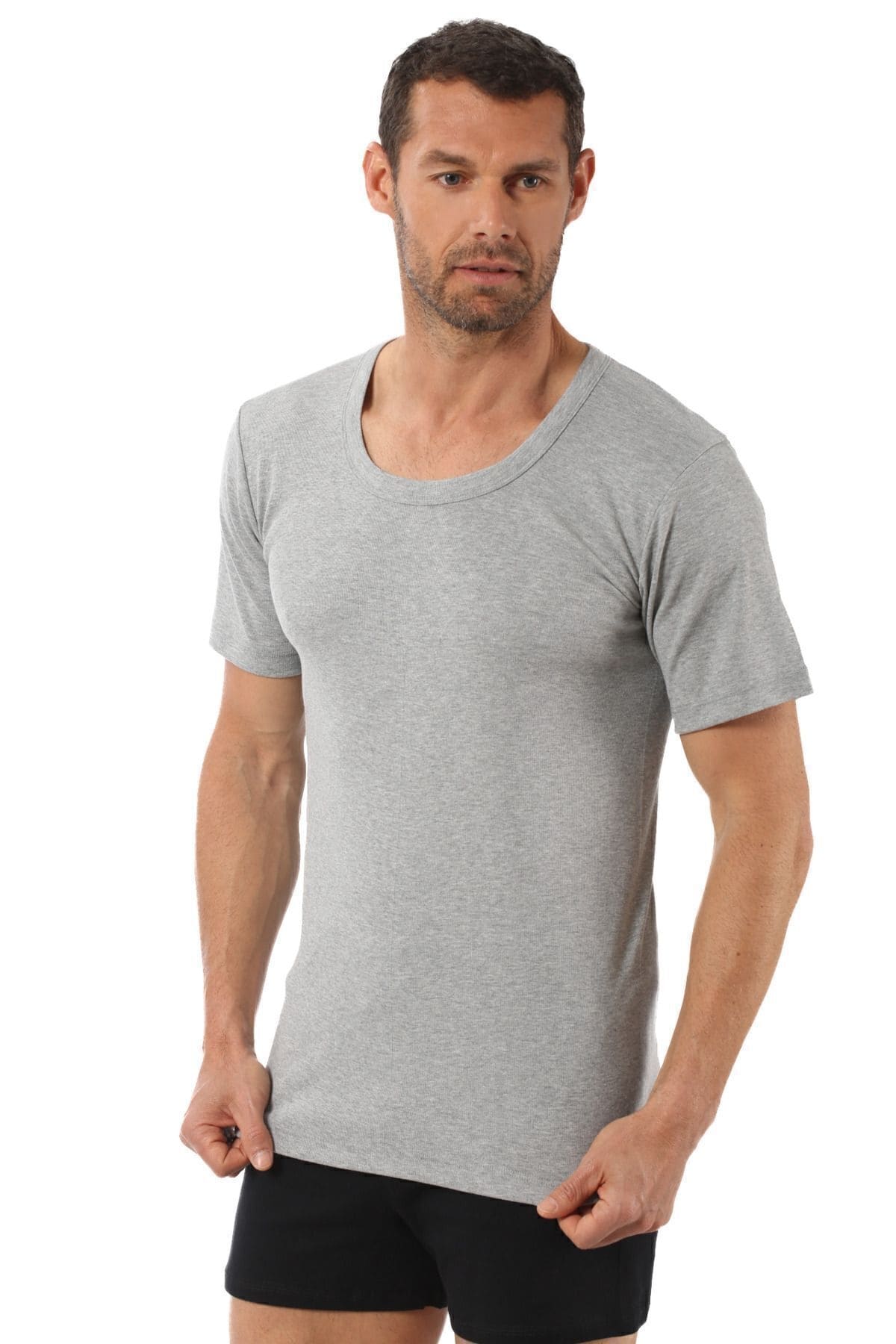 Ribana Pamuklu Geniş Yaka Kısa Kollu Fanila Özkan 0115 - Gri