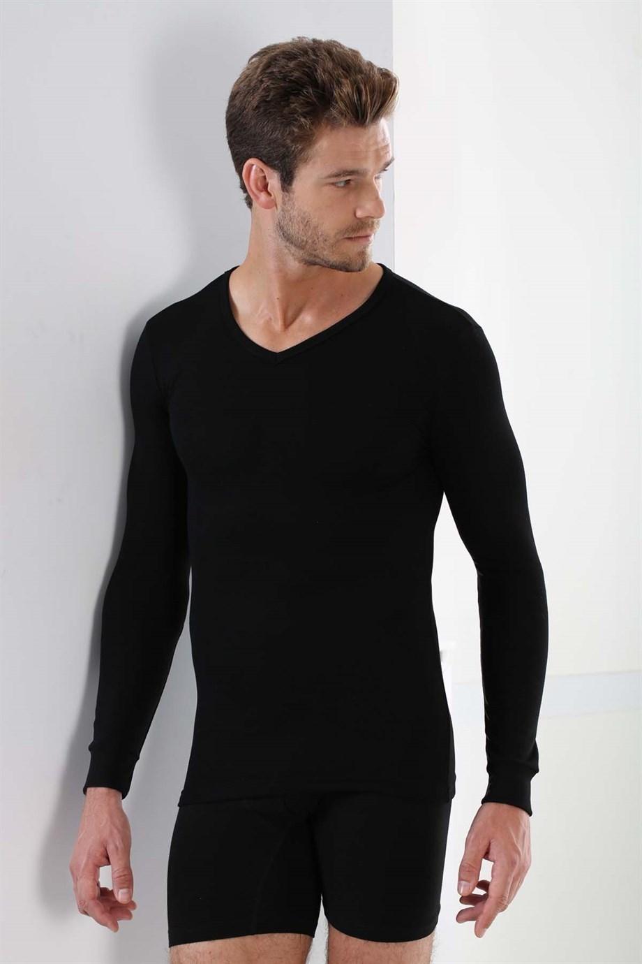 Pamuklu Ribana Uzun Kol V Yaka Atlet Erkek Arma Yıldız 1127 - Siyah