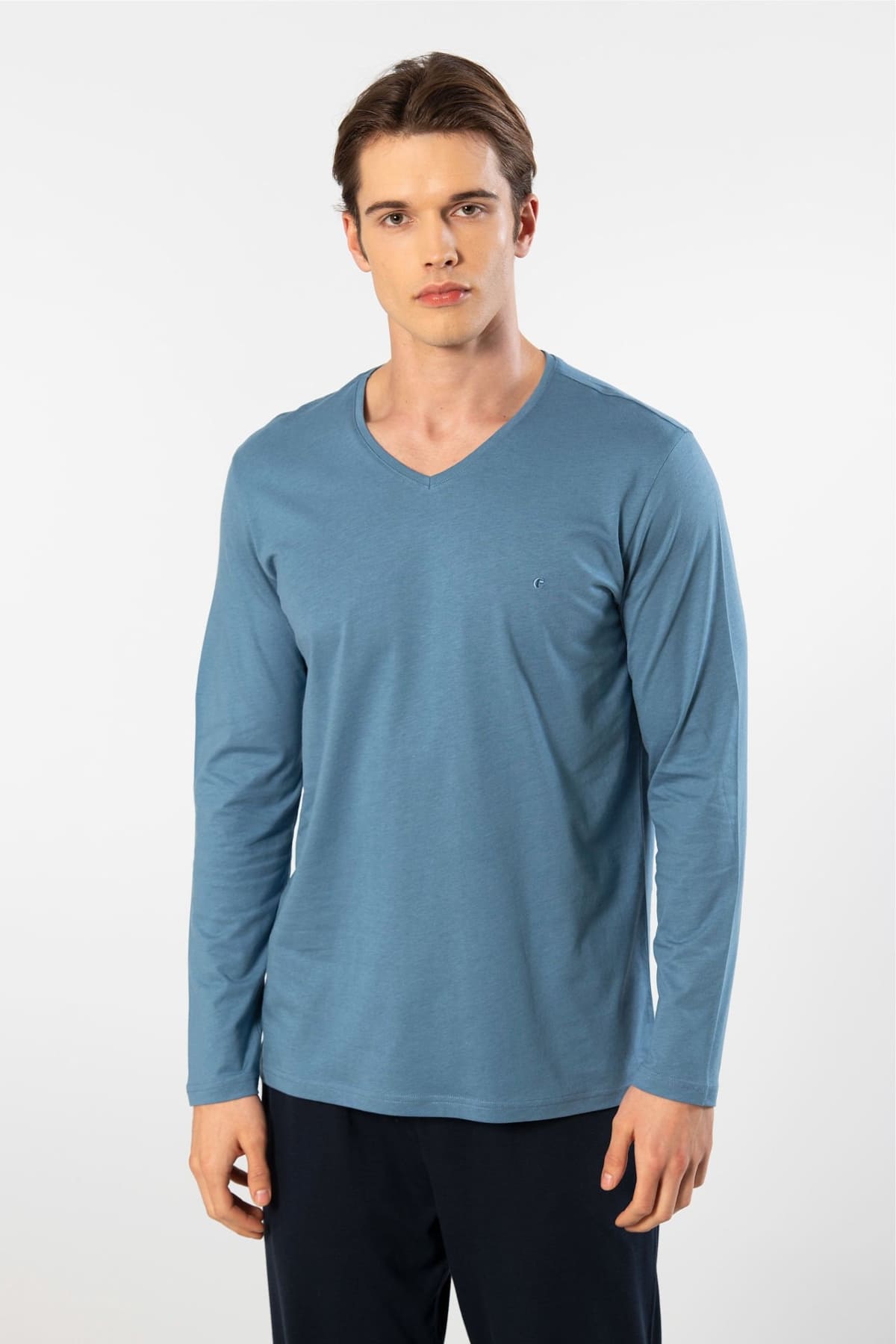 V Yaka Uzun Kollu Modal Pamuklu Erkek Pijama Takımı Cacharel 2237 - İndigo