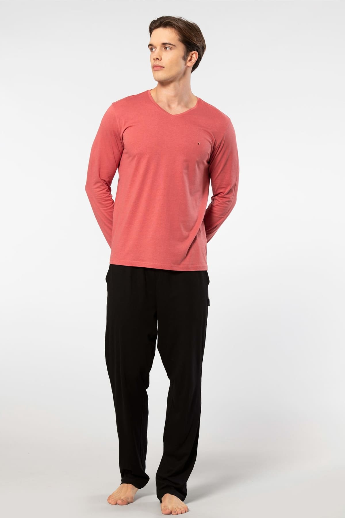 Uzun Kollu Modal Pamuklu Erkek Pijama Takımı Bordo Cacharel 2237 - Mercan