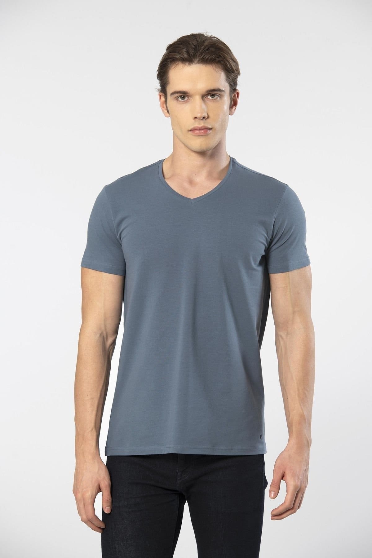 Pamuklu Kısa Kollu V Yaka Erkek T-shirt Cacharel 1332 - MAVİ1