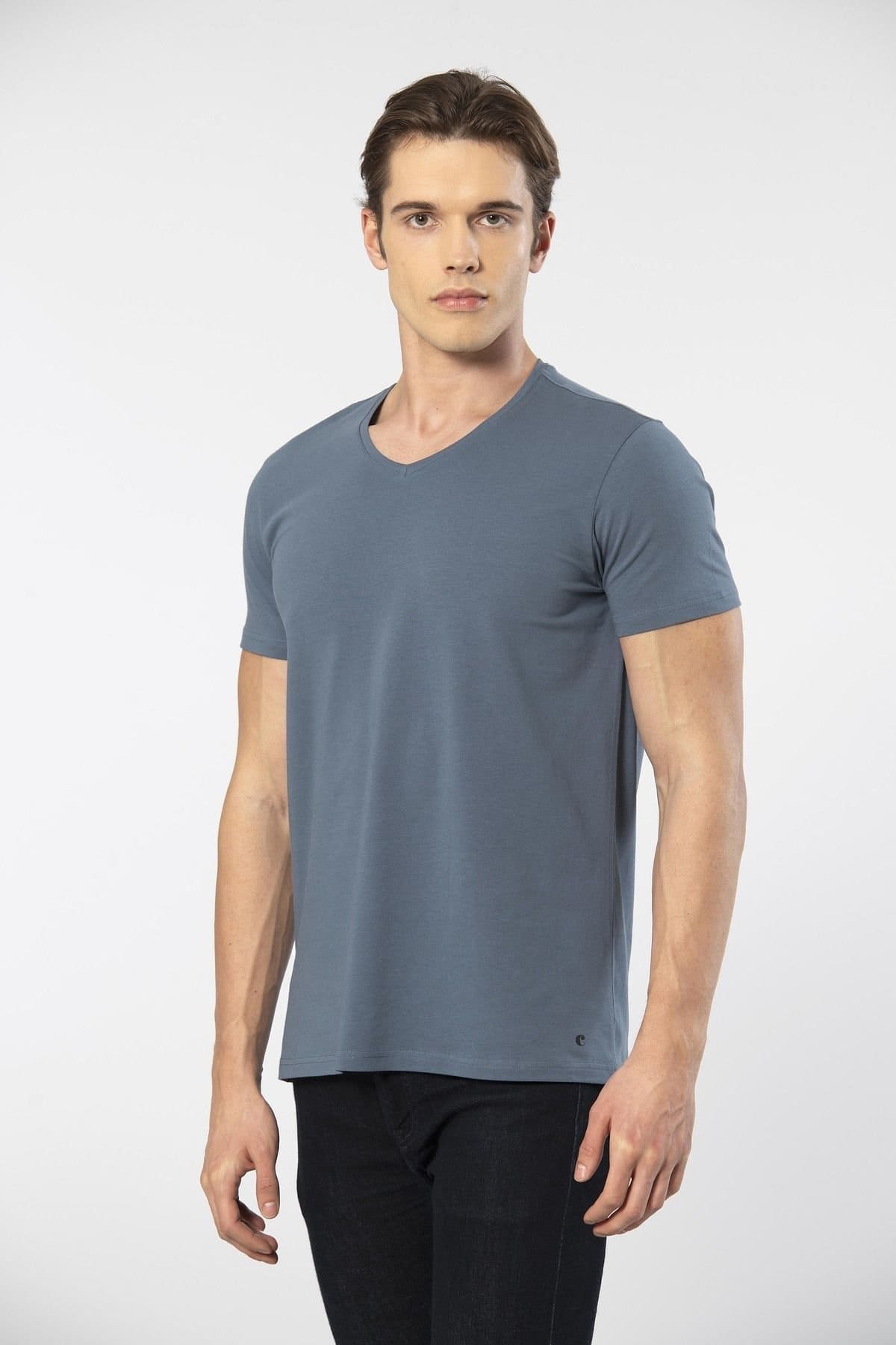 Pamuklu Kısa Kollu V Yaka Erkek T-shirt Cacharel 1332 - MAVİ1