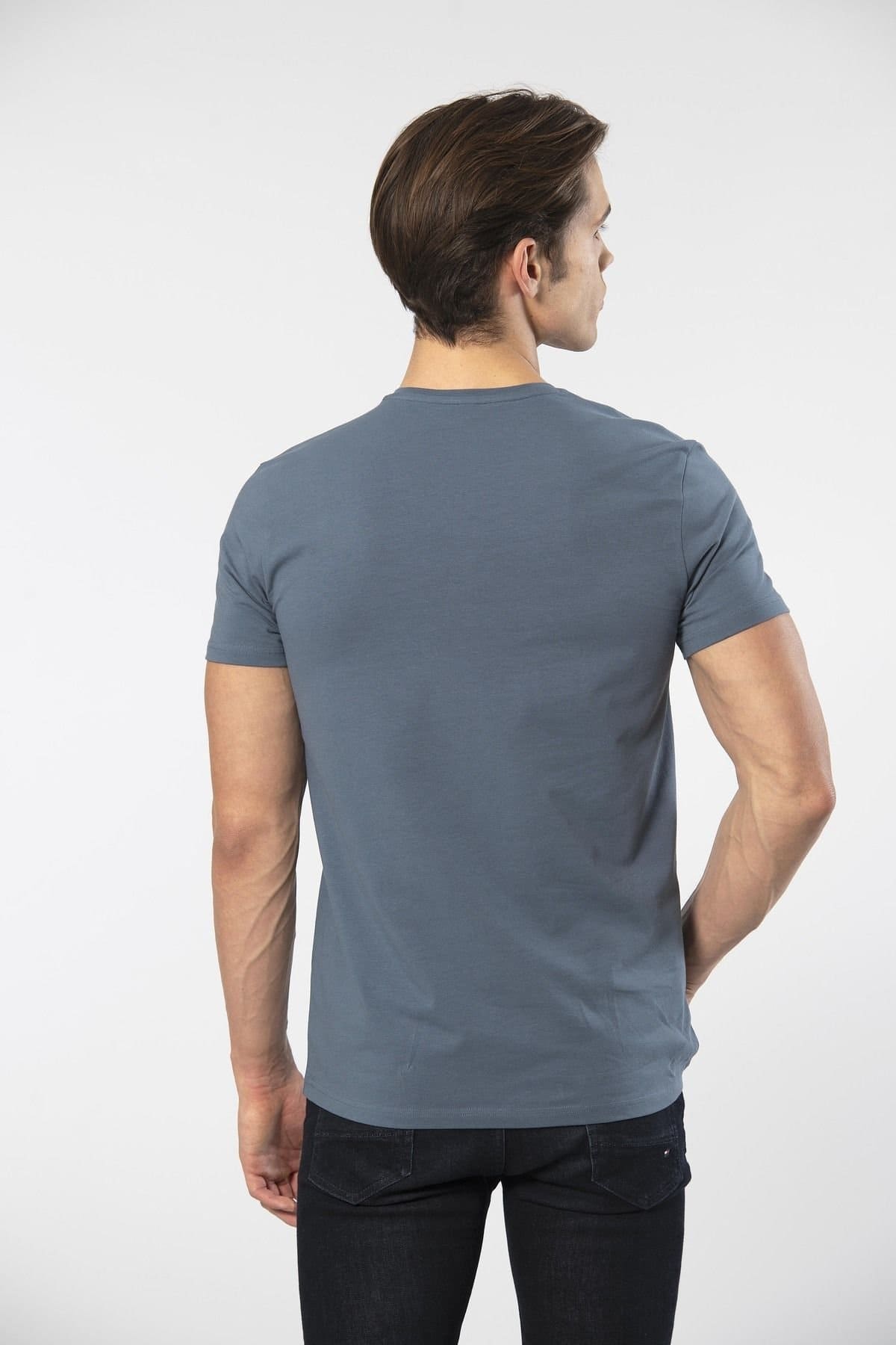 Pamuklu Kısa Kollu V Yaka Erkek T-shirt Cacharel 1332 - MAVİ1