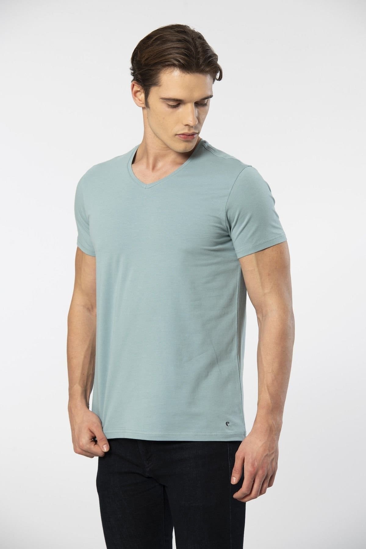 Pamuklu Likralı V Yaka Kısa Kollu T-shirt Cacharel 1332 - YEŞİL1