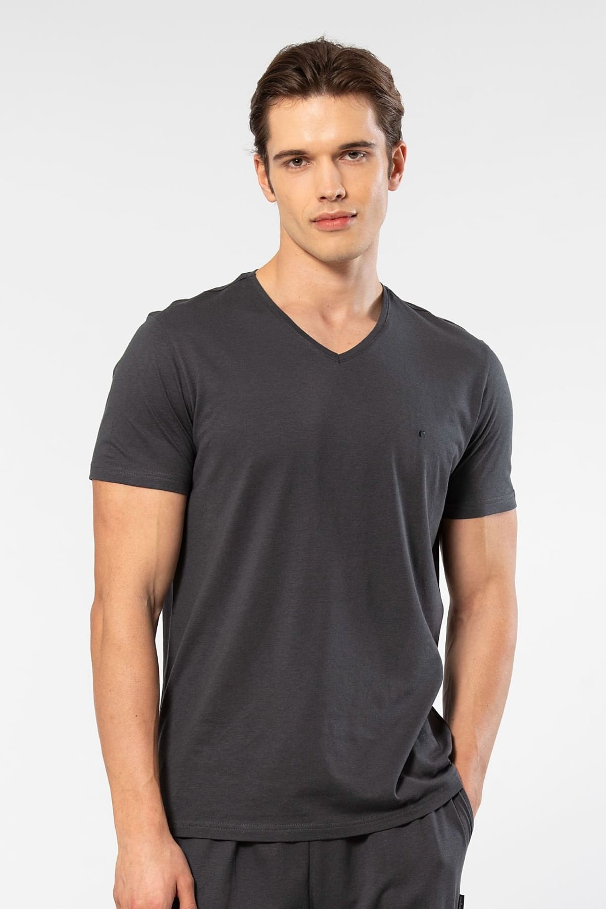 Modal Pamuk V Yaka Rahat Kesim Erkek T-shirt Cacharel 2170 - Antrasit