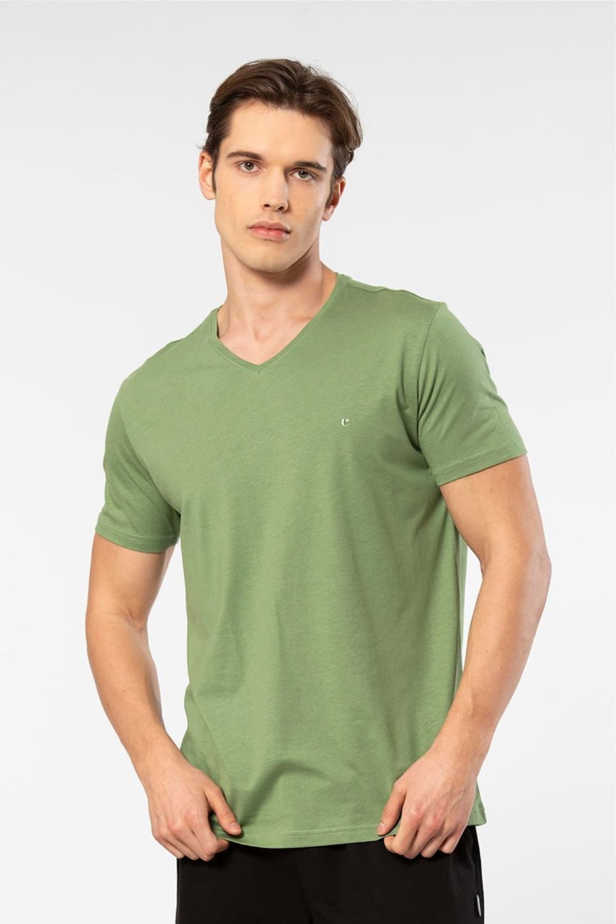 Modal Pamuk Kısa Kollu V Yaka Erkek T-shirt Cacharel 2170 - Yeşil