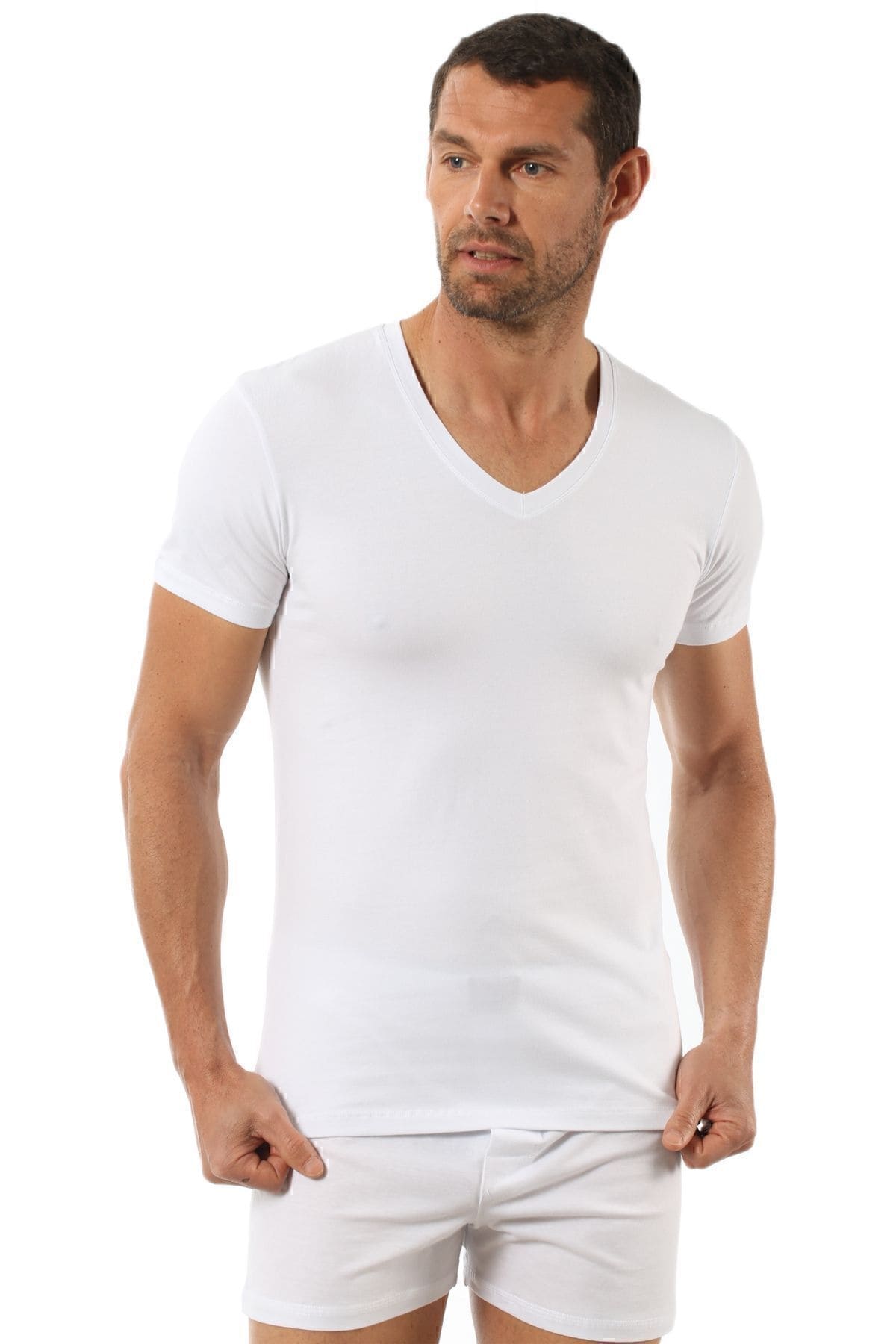 Pamuklu Yarım Kol V Yaka T-Shirt Erkek Atlet Özkan 0273 - Beyaz