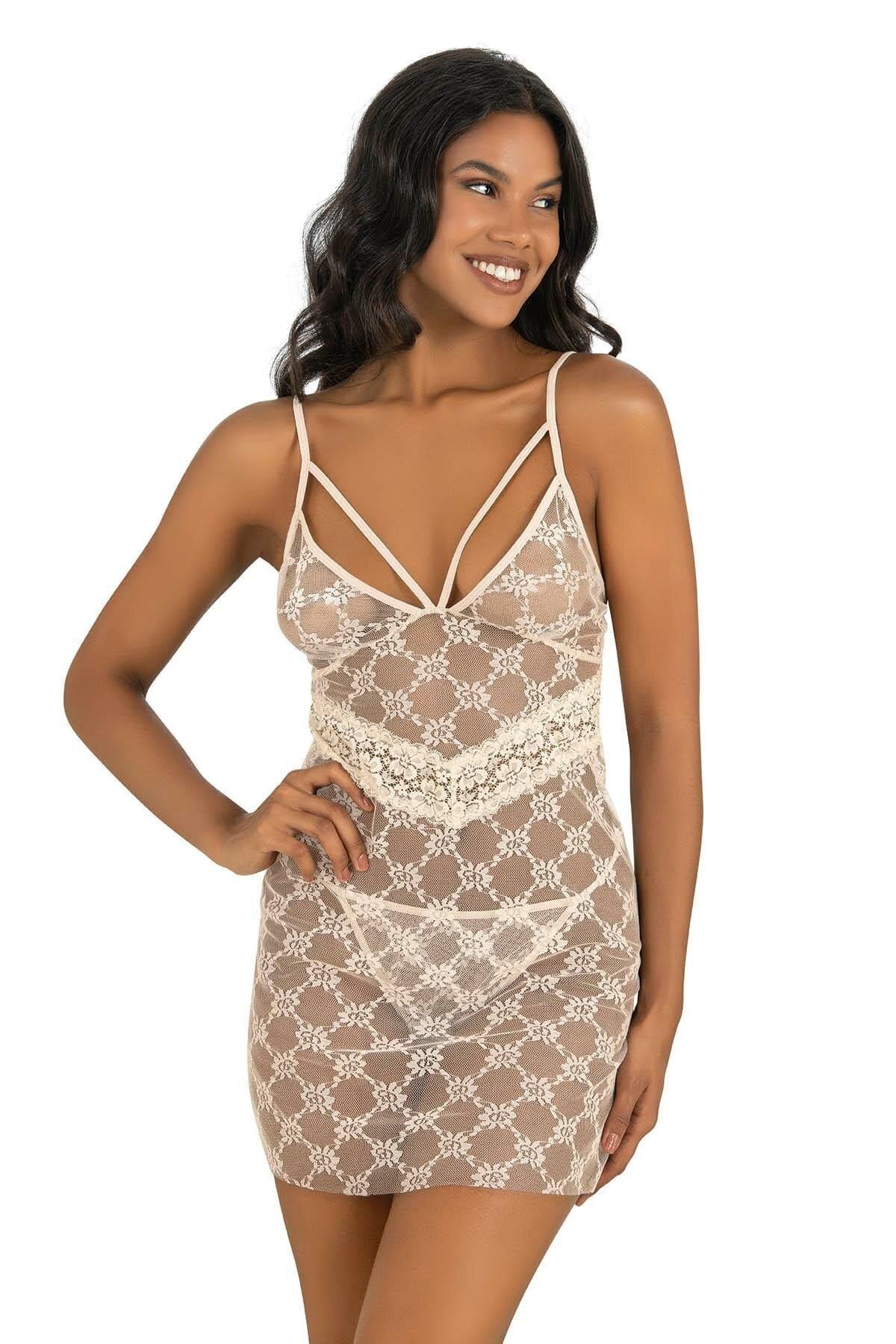 Fildişi İpli Şeffaf Gecelik Ahu 4228 - Bej