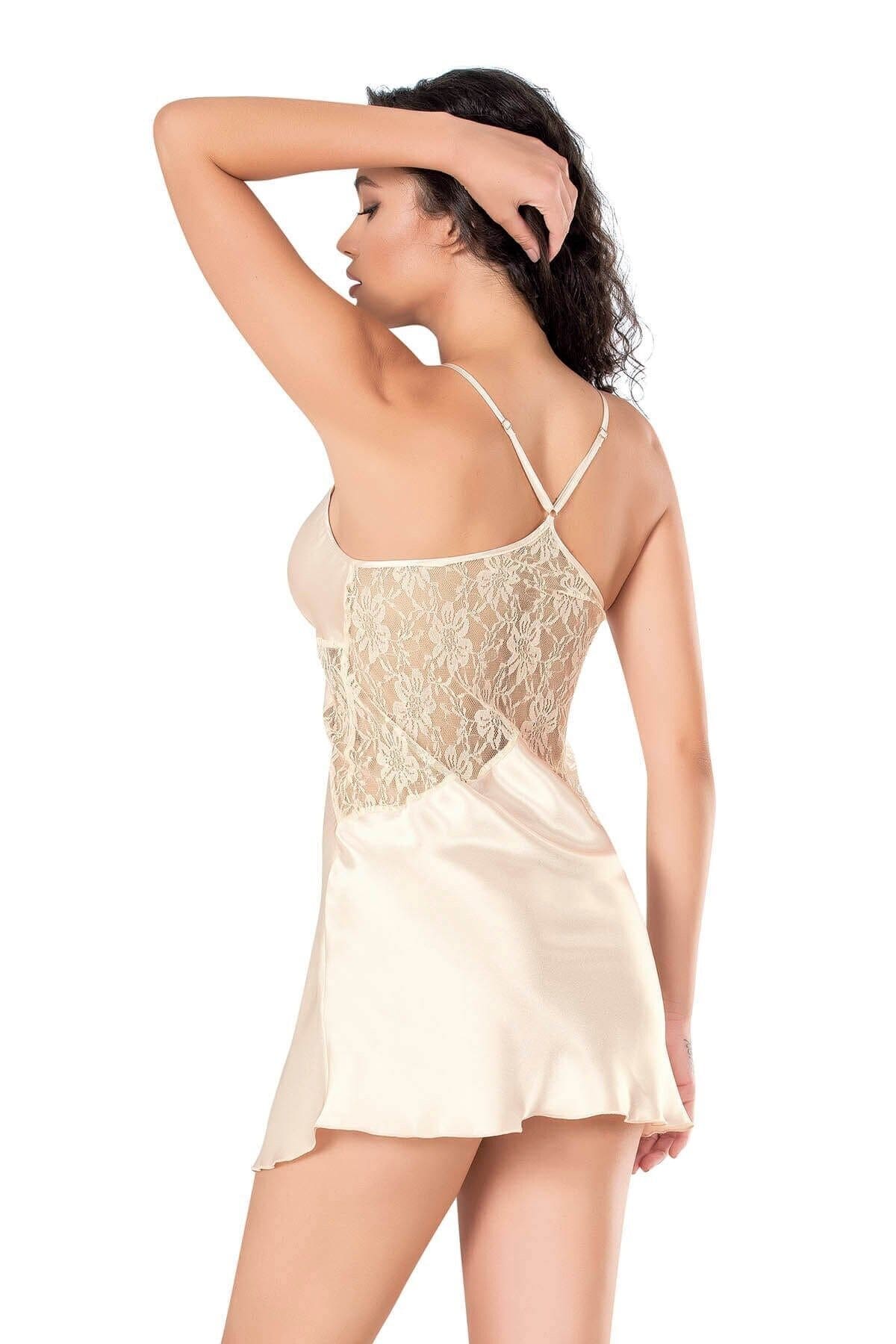 Saten Doku Fildişi Kısa Gecelik Ahu 8139 - Bej