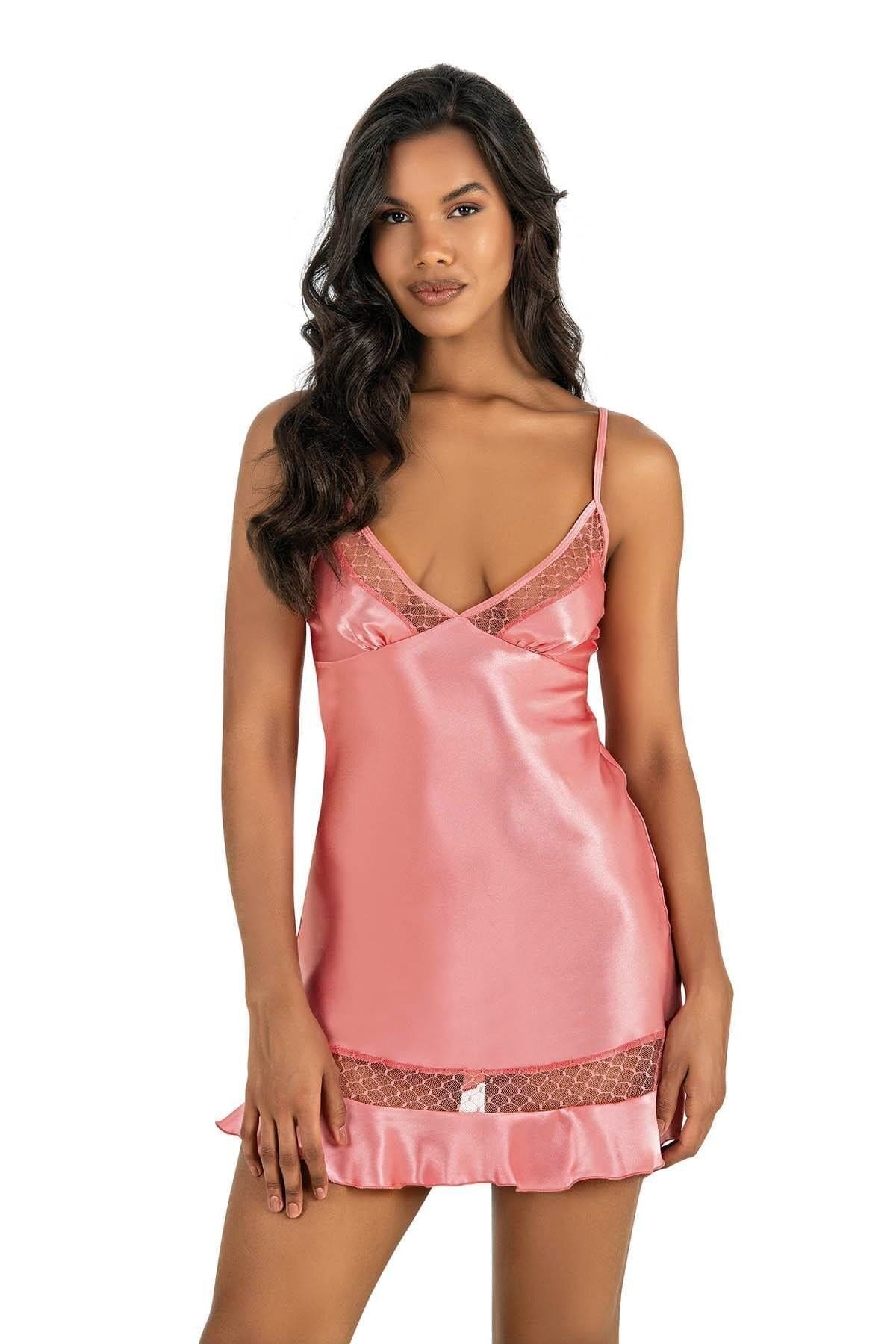 Ahu Lingerie Fileli Leopar Desenli Kısa Saten Gecelik Ahu 8212