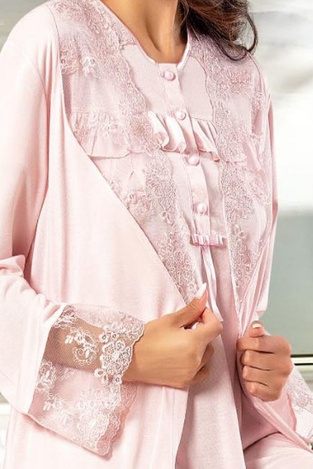 Fırfırlı A Kesim Lohusa Sabahlık Takımı XSES 2375 - Pudra