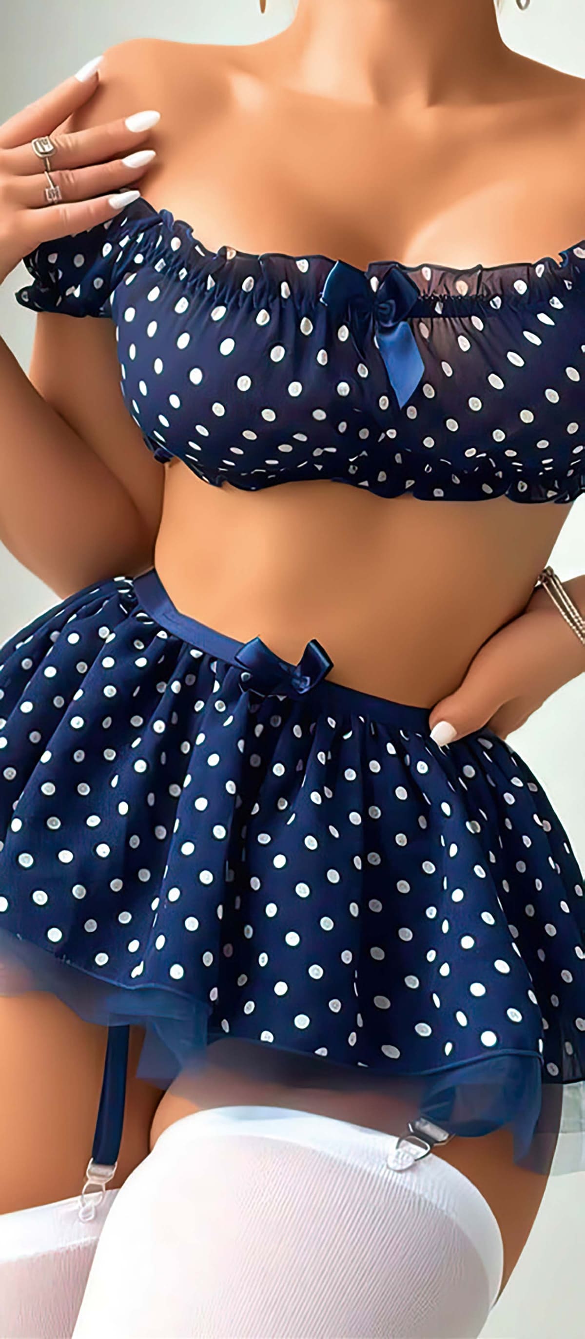 Fırfırlı Puantiyeli Lacivert Kostüm Jesica Bella 00135 - Lacivert