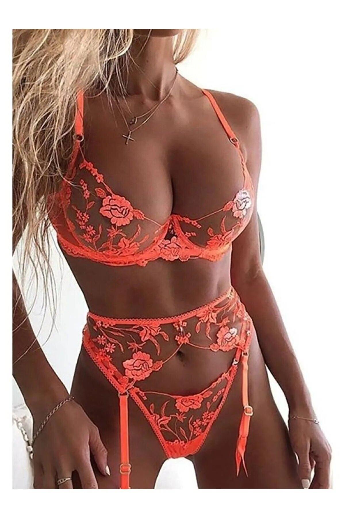 Fosforlu Turuncu Çiçek Desenli Jartiyer Takım For Dreams 8420 - Turuncu