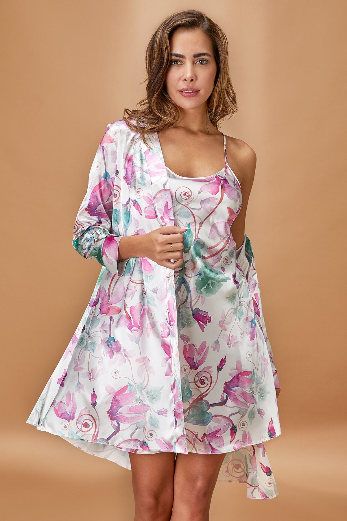 Saten Kimono Takım Fuşya Kadın Gecelik Nurteks 5354 - Fuşya