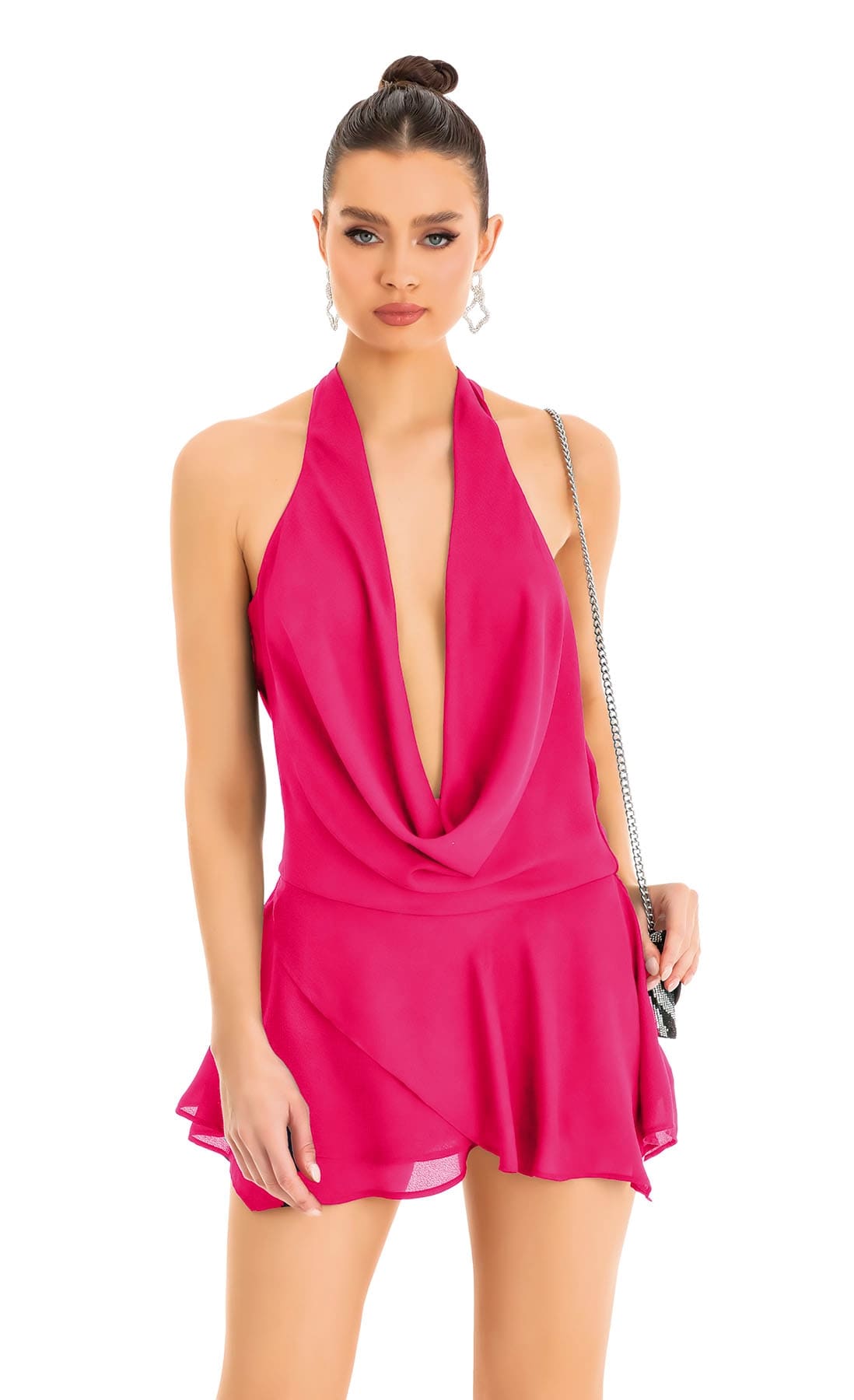 Fuşya Sırt Dekolteli Mini Elbise Lacivert Pink Night 3362 - Fuşya