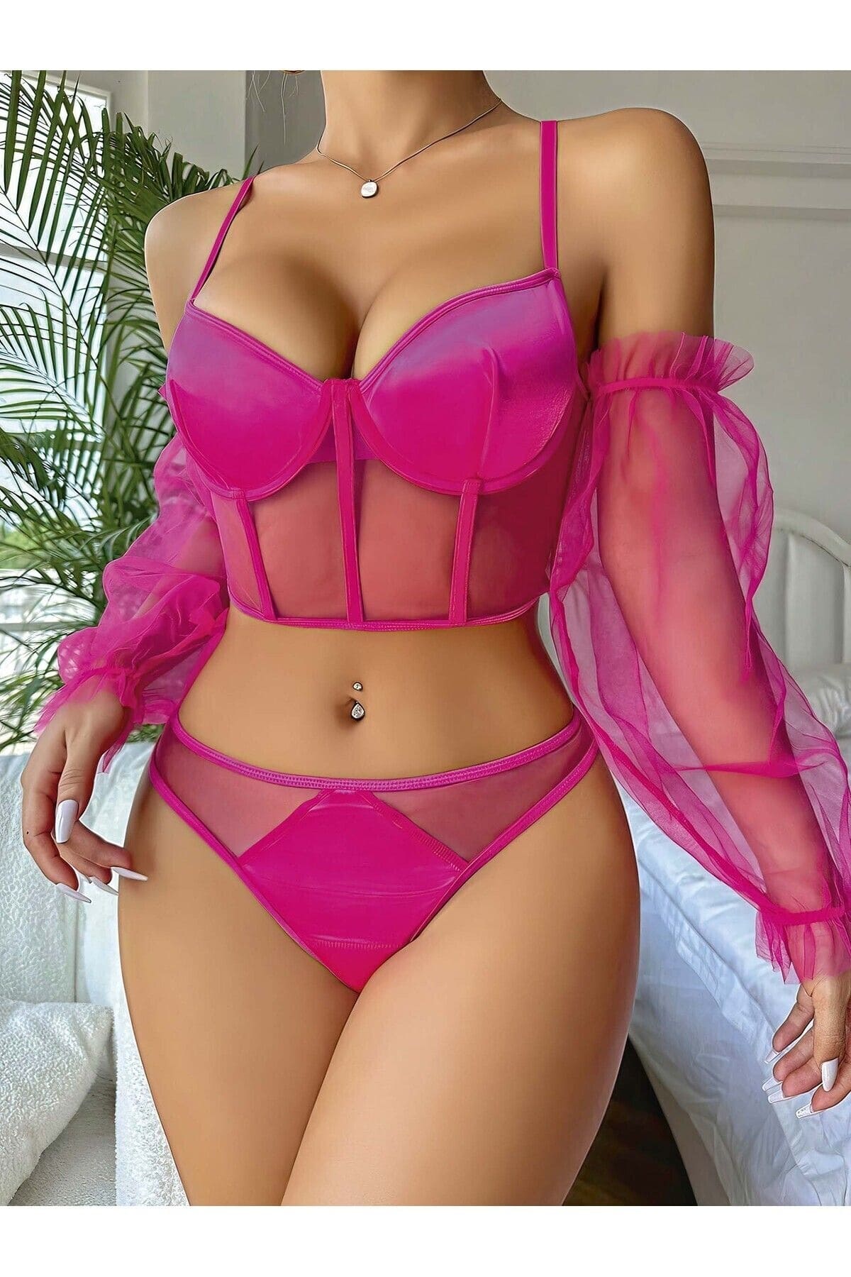 Ruselin Fuşya Tül Detay Esnek Body Seti Ruselin 2020