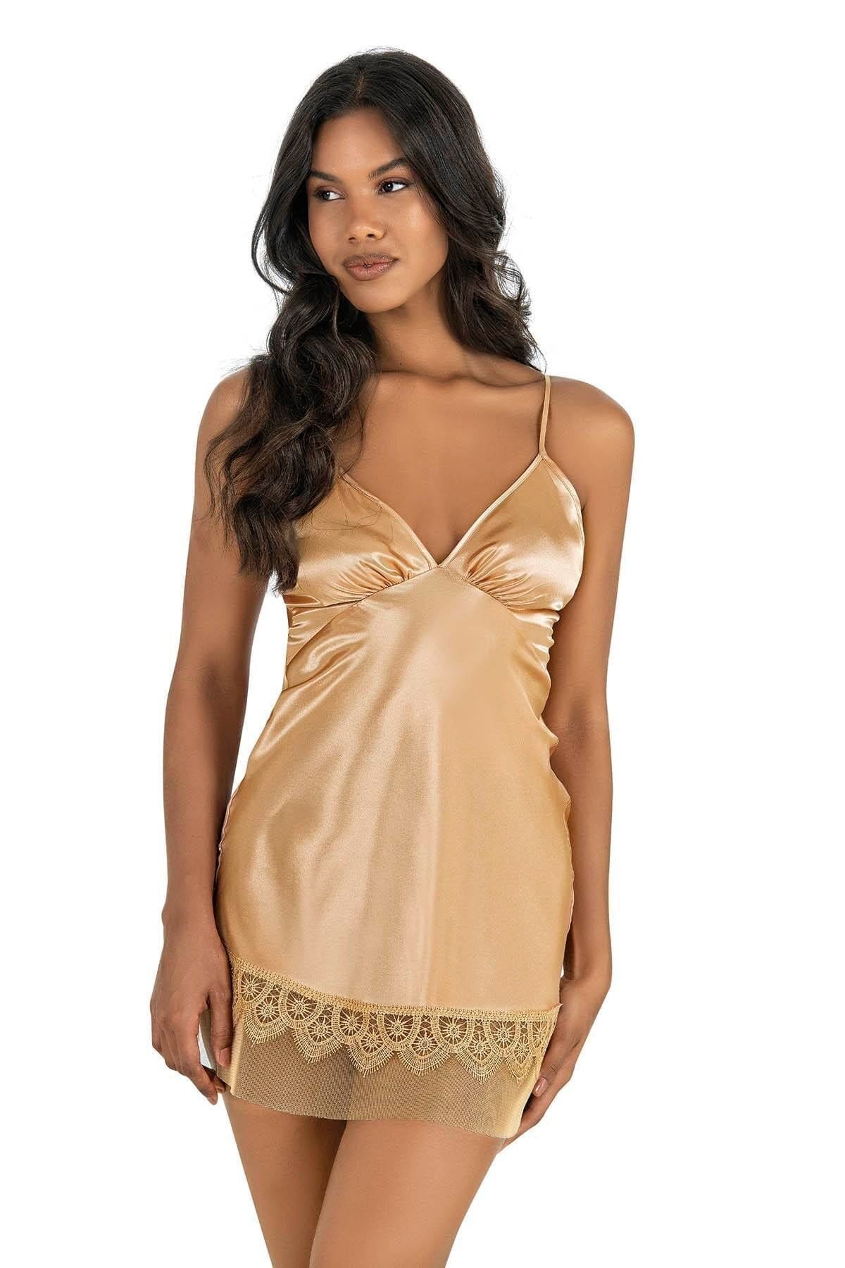 Büzgülü Kısa Saten Gecelik Nar Çiçeği Ahu 8248 - Altın