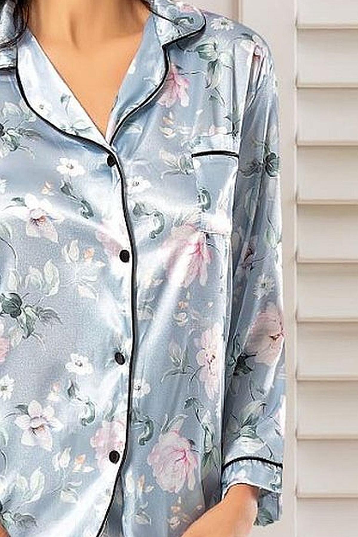 Çiçekli Saten Kadın Pijama Çeyiz Seti XSES 2000 - Mavi