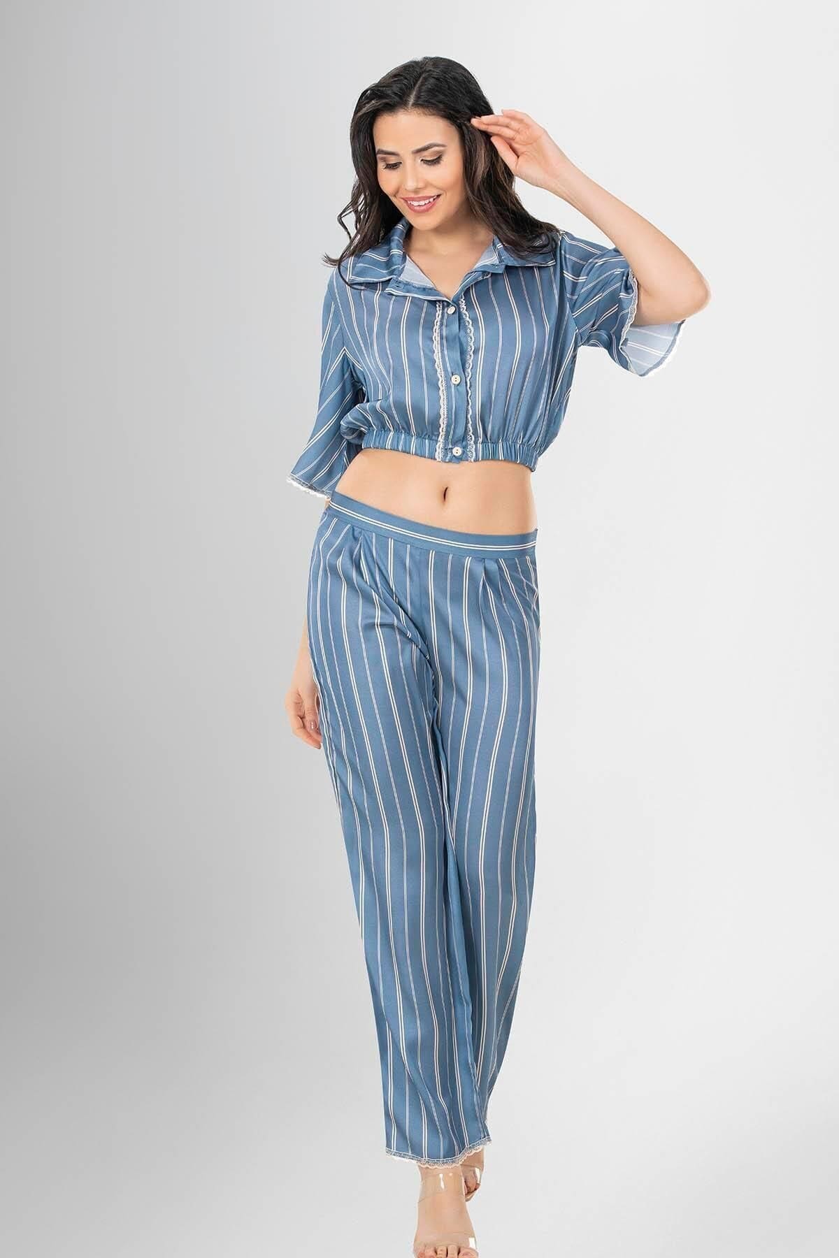 Gömlek Yaka Crop 2li Düğmeli Pijama Takımı Sarı Ahu 1956 - Mavi