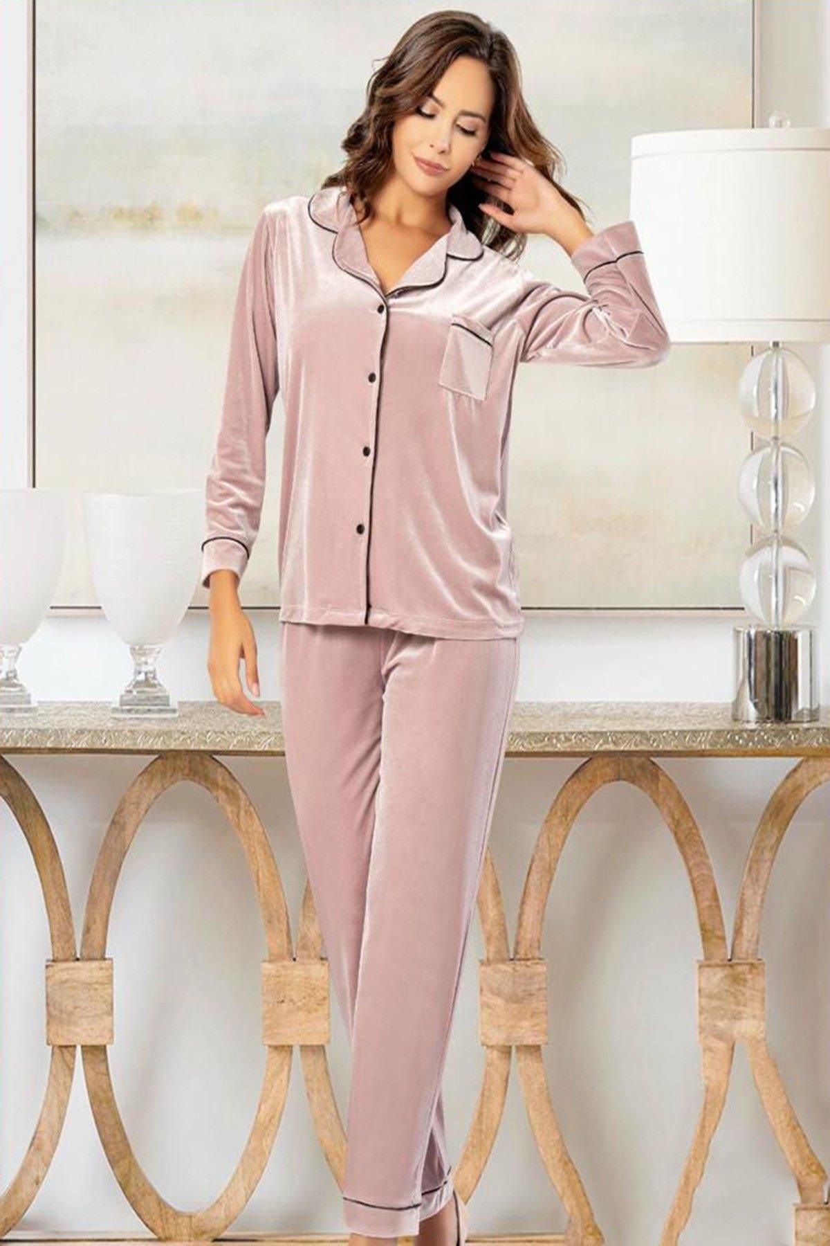 Kadife Düğmeli Emzirme Açıklıklı Lohusa Pijama Takımı XSES 5500 - Pudra