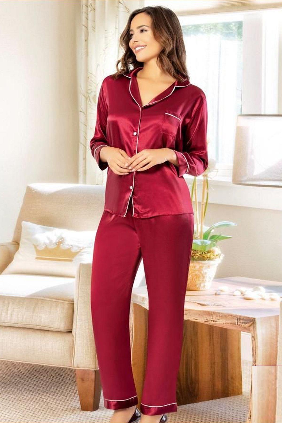 Gömlek Yaka Düğmeli Kadın Saten Pijama Takımı Bordo XSES 2105 - Bordo