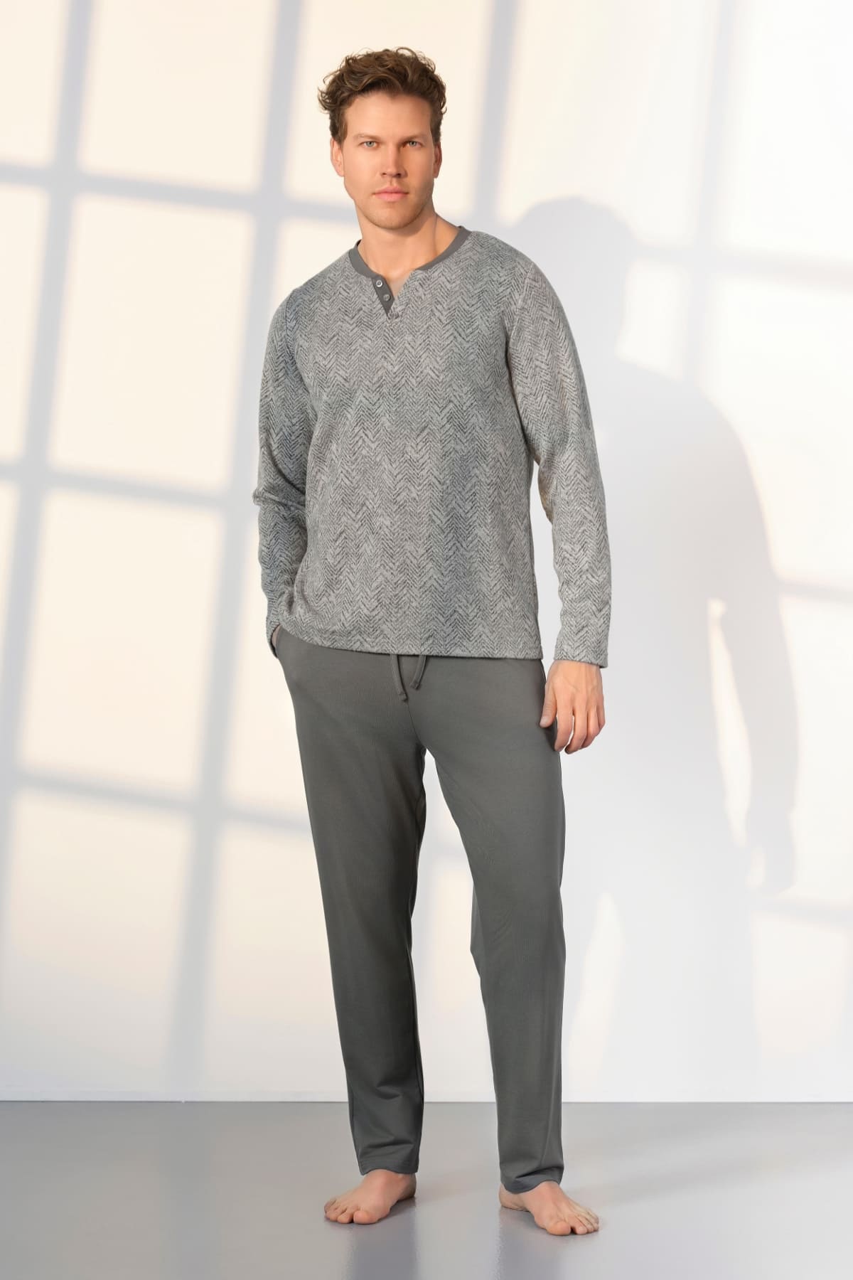 Gri Desenli Pamuklu Düğme Yaka T-Shirt Erkek Pijama Takımı Doreanse 25K4531 - Gri