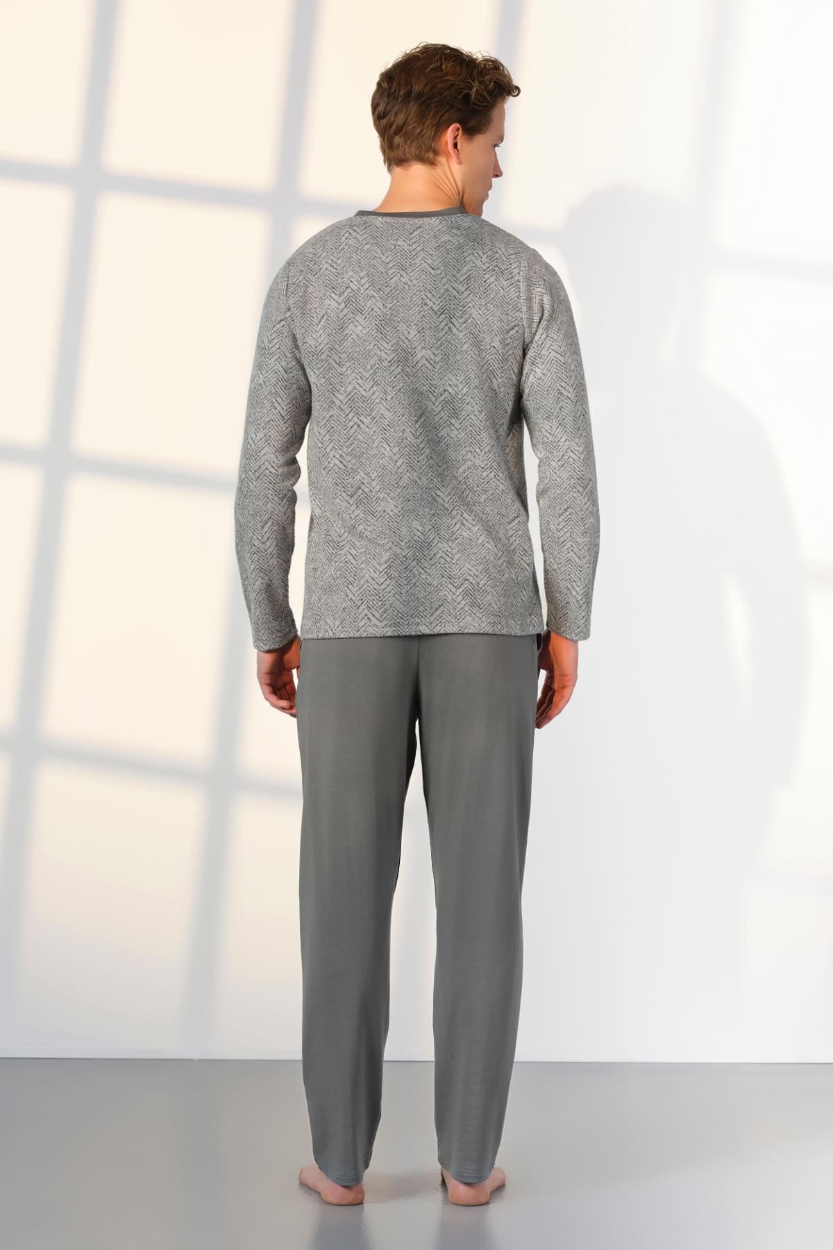 Gri Desenli Pamuklu Düğme Yaka T-Shirt Erkek Pijama Takımı Doreanse 25K4531 - Gri