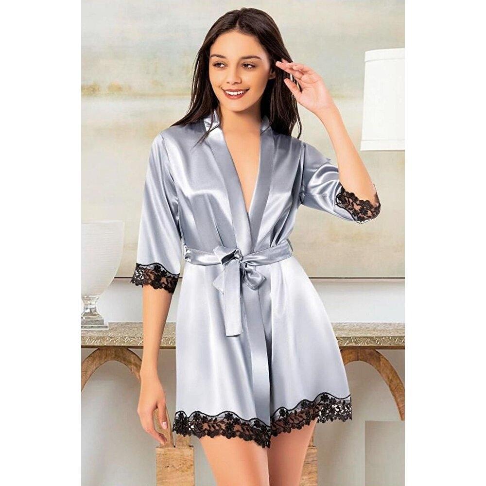 Gri Kuşaklı Dantelli Saten Kısa Sabahlık XSES 2118 - Gri