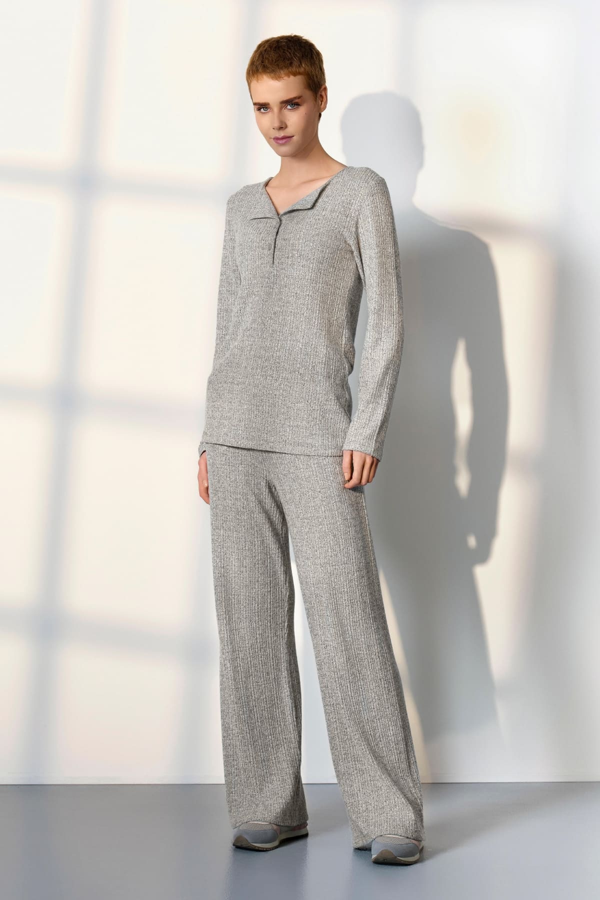 Gri Melanj Viskon Düğmeli Yaka Kadın Pijama Takımı Doreanse 25K4040 - Gri