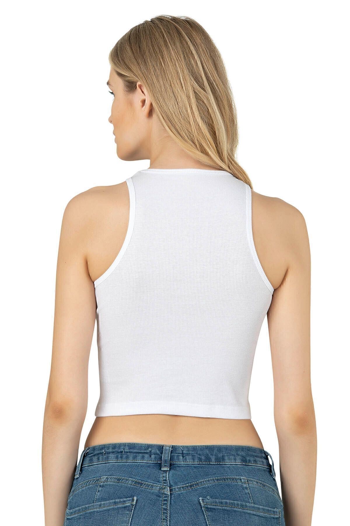 Halter Yaka Pamuklu Fitilli Vücuda Oturan Crop Atlet Özkan 26814 - Beyaz