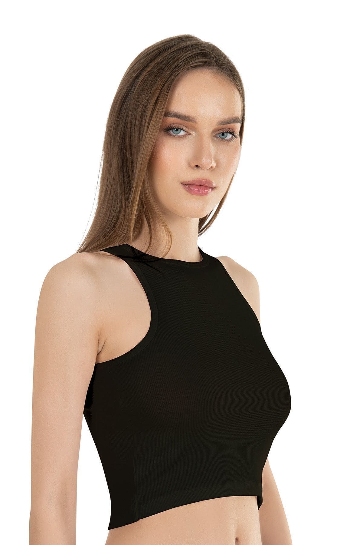 Halter Yaka Pamuklu Fitilli Vücuda Oturan Crop Atlet Özkan 26814 - Siyah