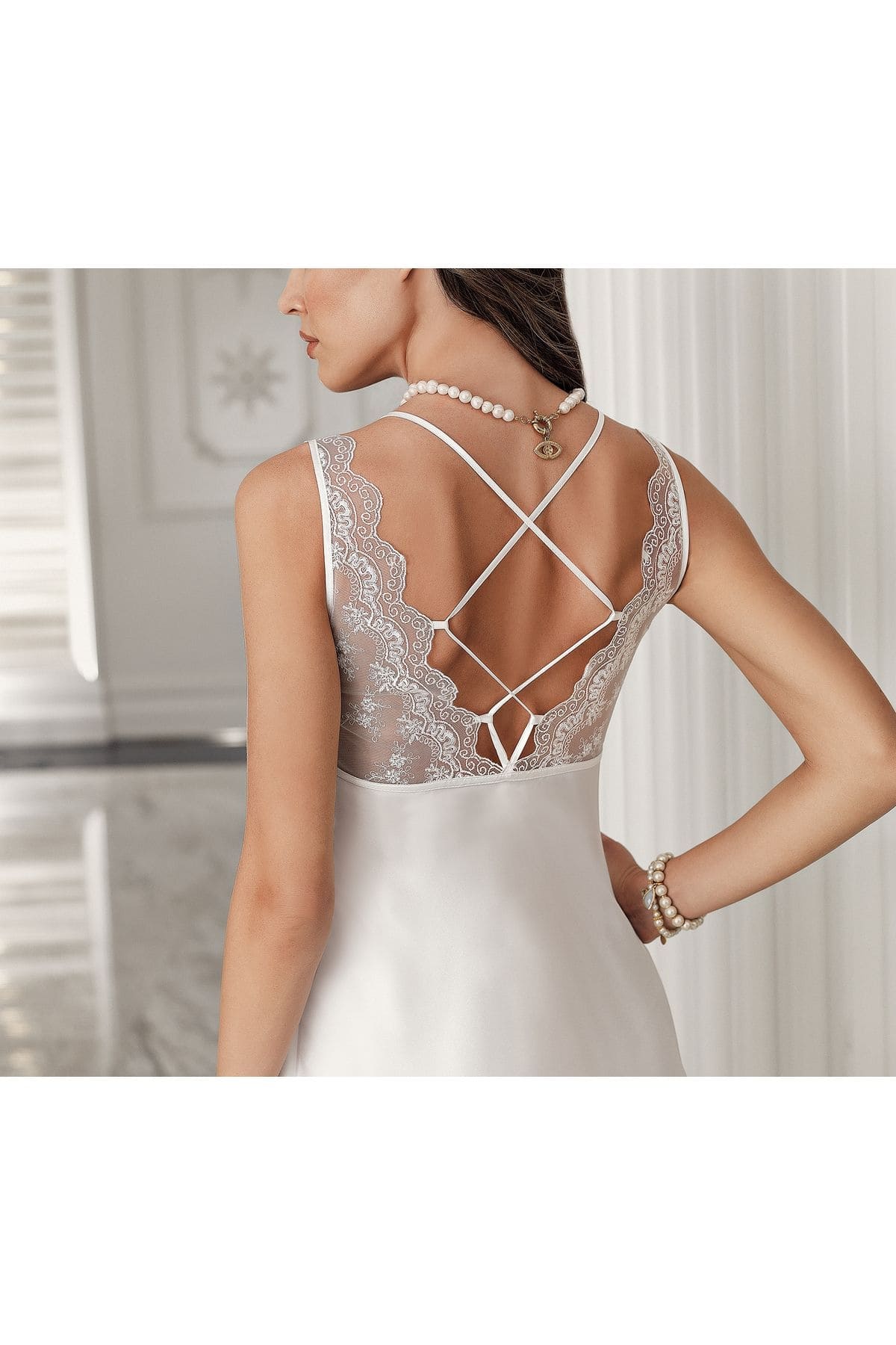 İkili Saten Ekru Gecelik Sabahlık Takım İmaj 106 - Ekru