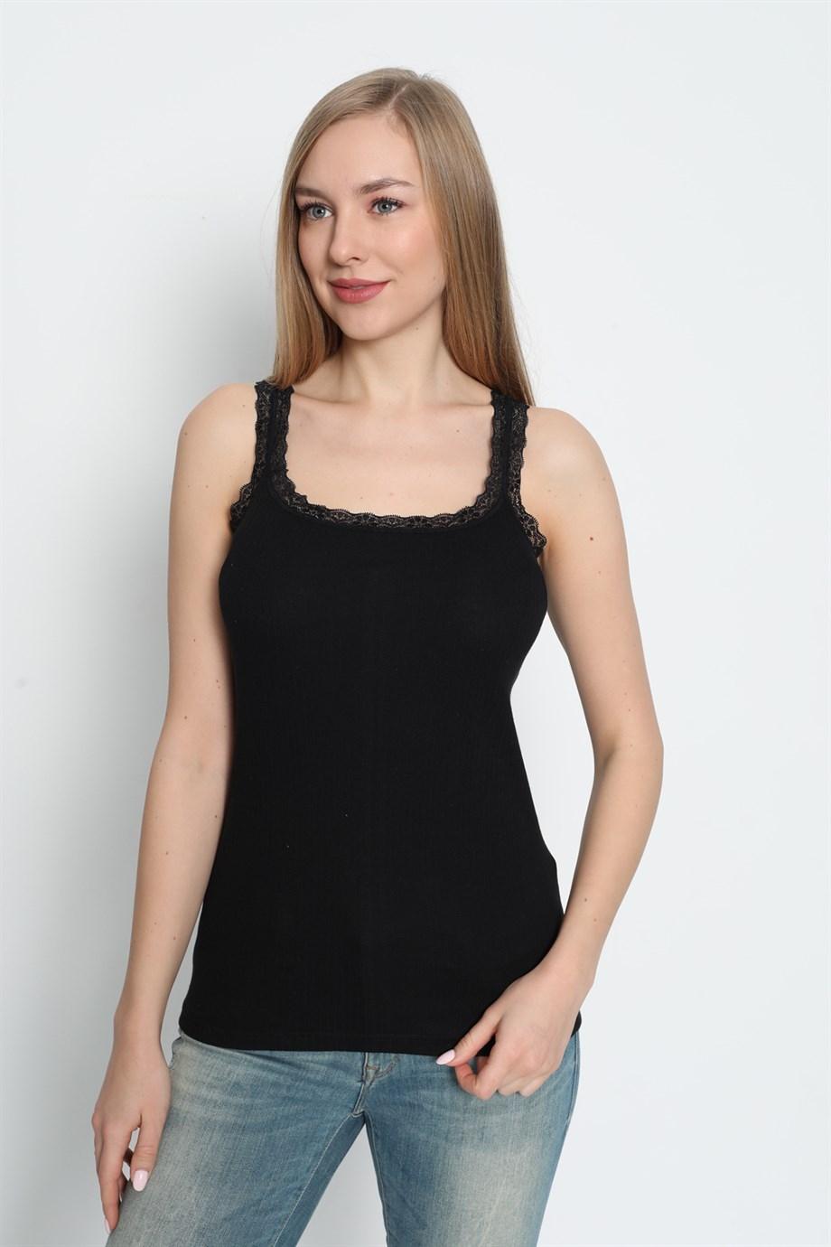 Dantel Detaylı İnce Askılı Siyah Atlet 3lü Paket Arma Yıldız 3362 - Siyah