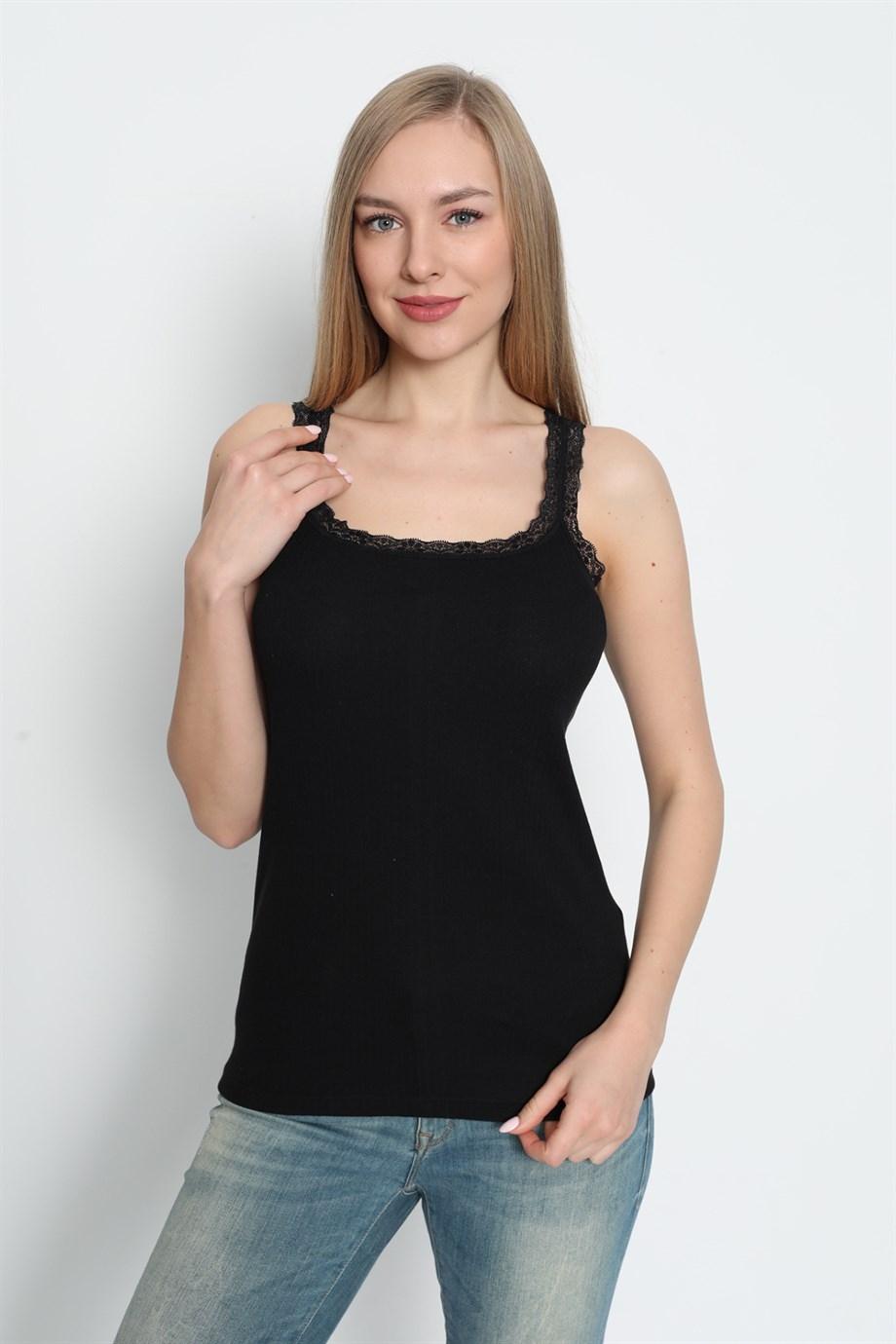 Dantel Detaylı İnce Askılı Siyah Atlet 3lü Paket Arma Yıldız 3362 - Siyah