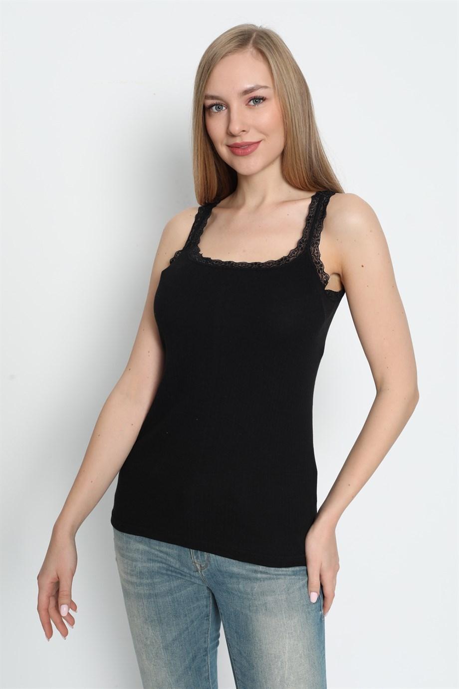 Dantel Detaylı İnce Askılı Siyah Atlet 3lü Paket Arma Yıldız 3362 - Siyah